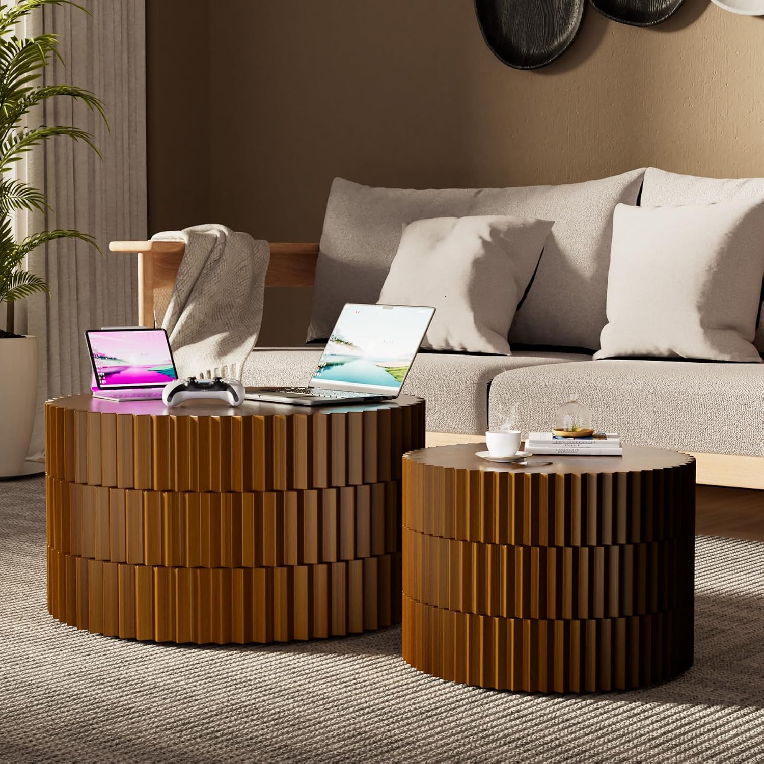 Round Nesting Coffee Table Set of 2 Fluted Coffee Tables Modern Drum Side End Table Wooden Circle Accent Side Table for Living Room Bedroom Balcony, No Assembly (Walnut 26.8'+19.7')