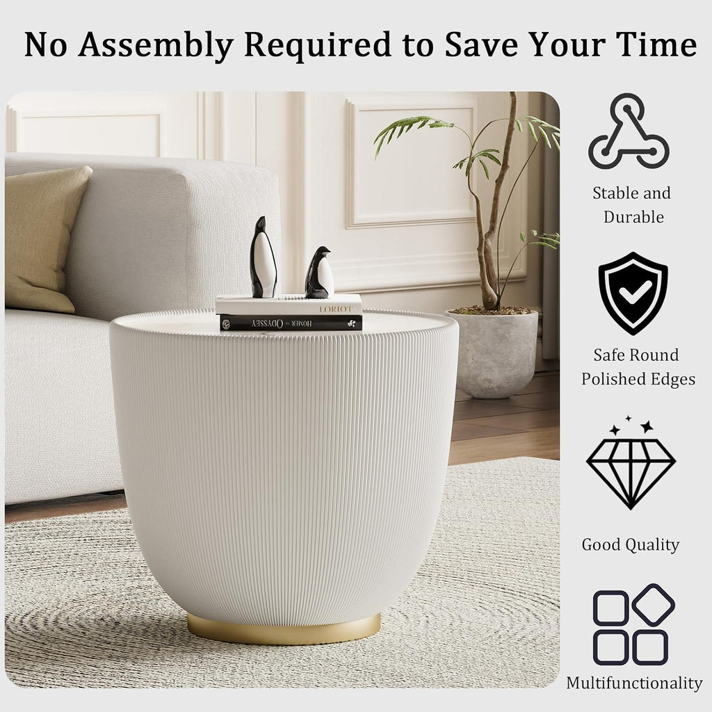 Round Coffee Table Set with Sintered Stone Tabletop, 27.56' Grey Drum Center Table and 19.69' White Coffee Table Set, 2 Pieces Living Room Table Set with Fluted PU Leather Cover& Metal Base