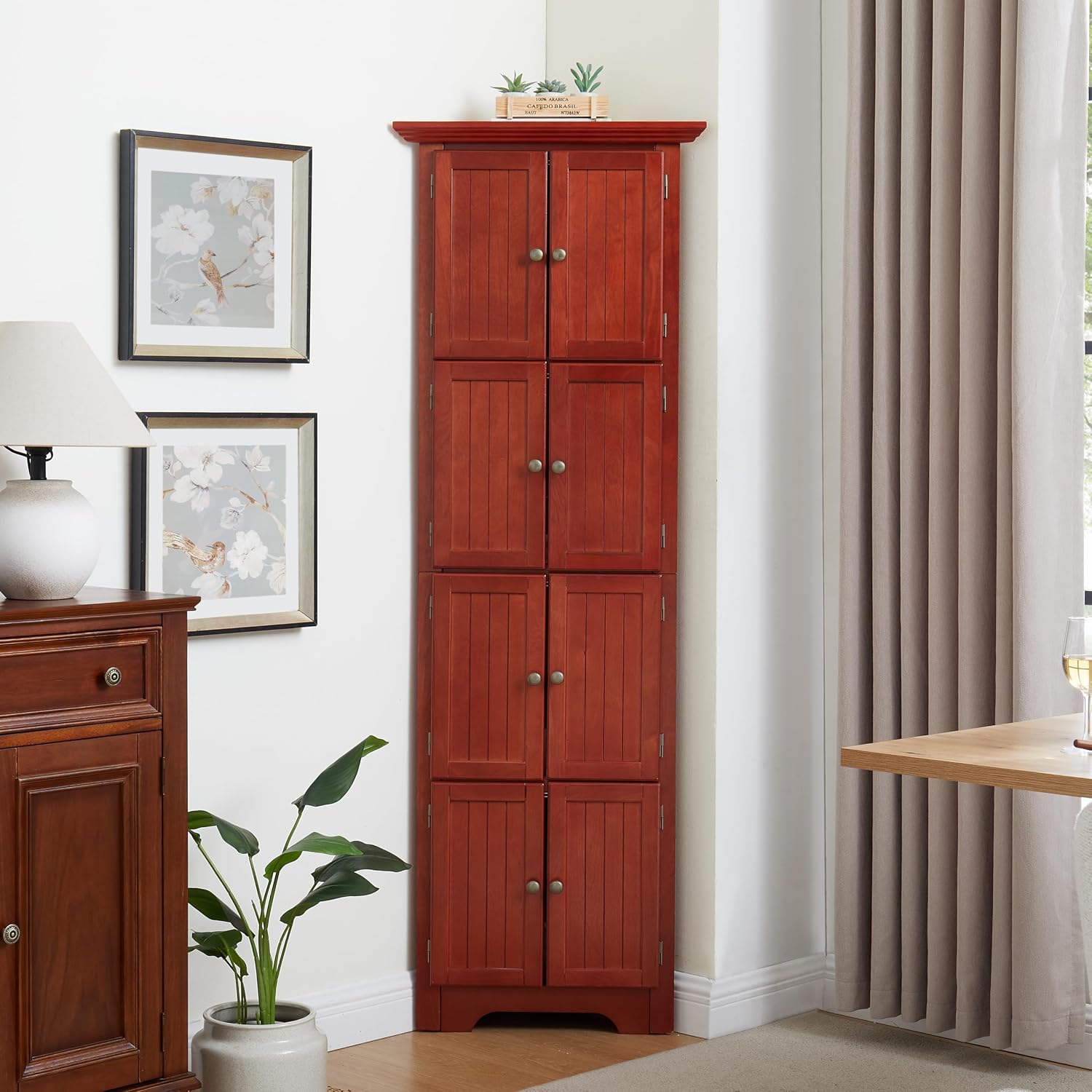 Tall Corner Bookcase Storage Cabinet with Doors and 4 Shelves, Freestanding Triangle Cabinet for Living Room, Kitchen, Office, Small Space, Floor Corner Storage Rack (Cherry2)