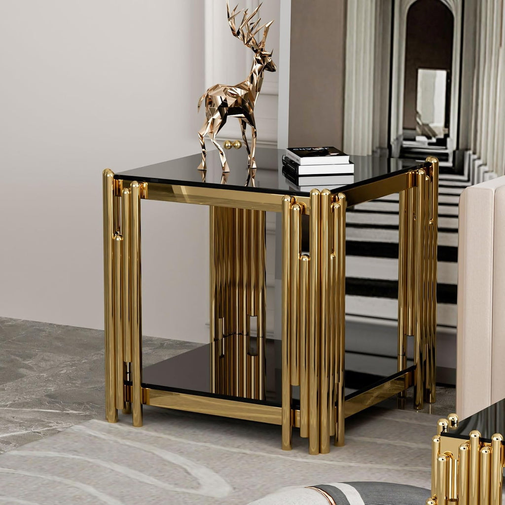 Glass Coffee Table Set of 3, End Table Modern Living Room Table Rectangle Clear Tempered Glass Stainless Steel Leg, Square Side Table for Home Furniture Set (Black-2, 51' Set of 3)