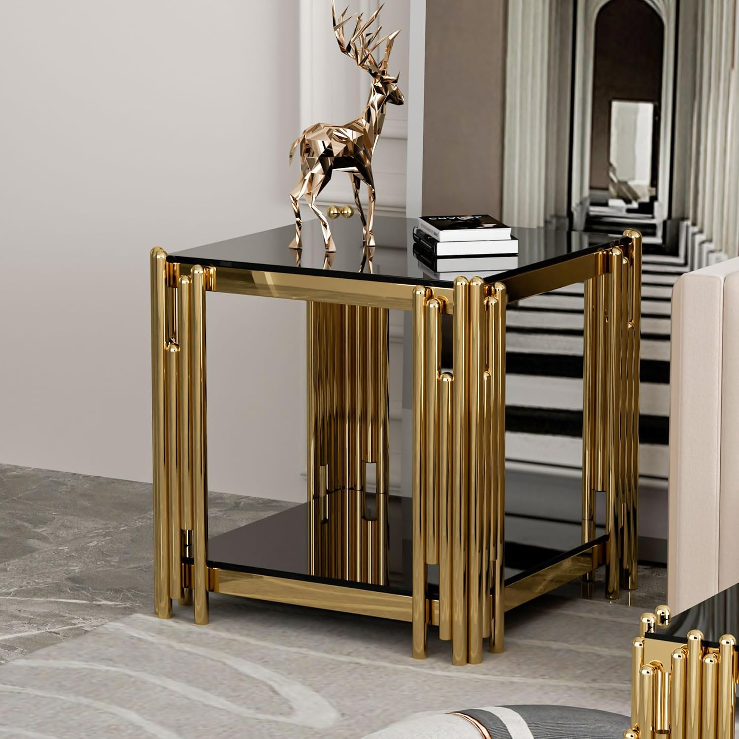 Glass Coffee Table Set of 3, End Table Modern Living Room Table Rectangle Clear Tempered Glass Stainless Steel Leg, Square Side Table for Home Furniture Set (Black-2, 51' Set of 3)