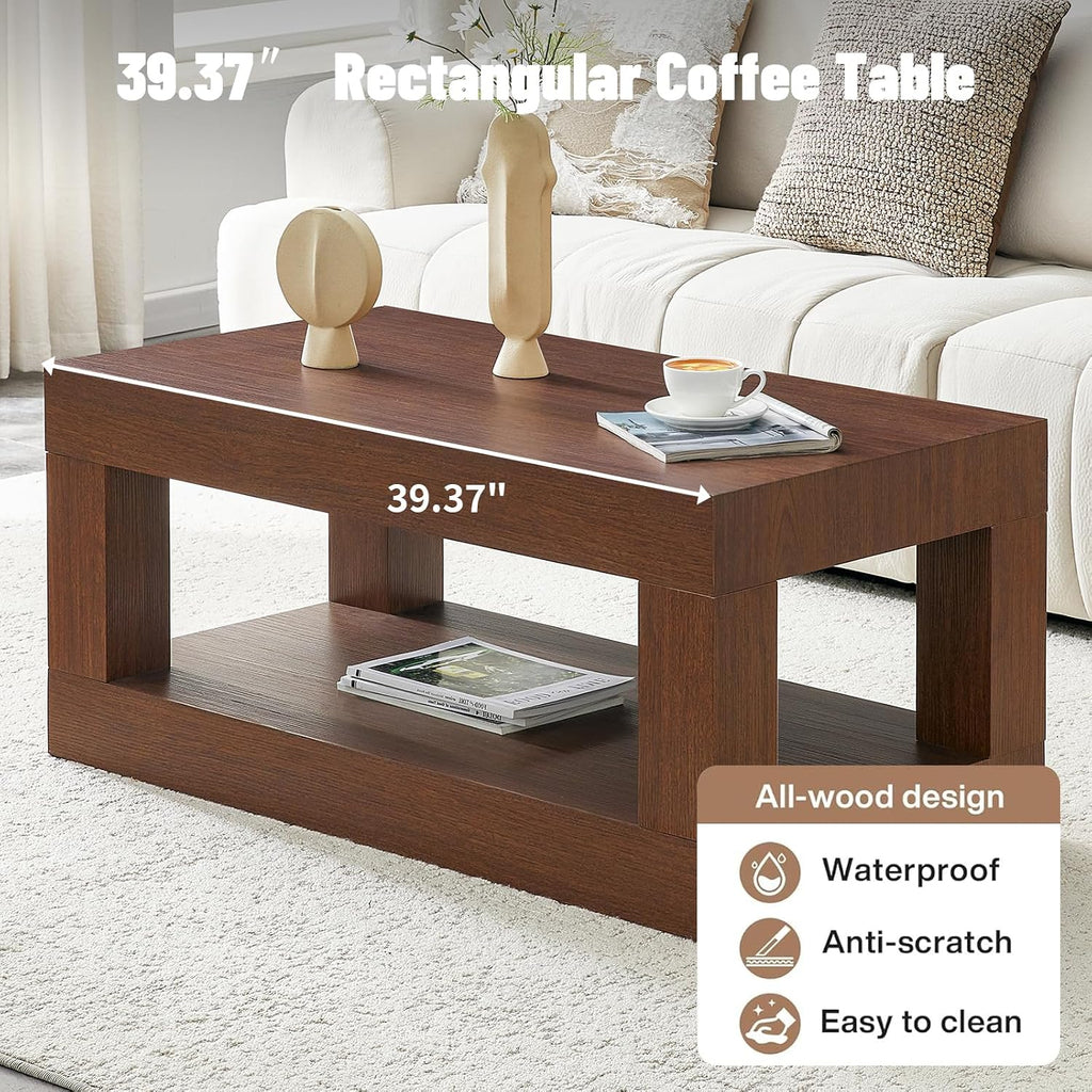 LKTART 39.37' Coffee Table with Storage, 2-Tier Mid Century Rectangular Accent Table with Thick Tabletop, Rustic Style Cocktail, Center Table for Living Room, Office, Apartment (Dark Walnut)