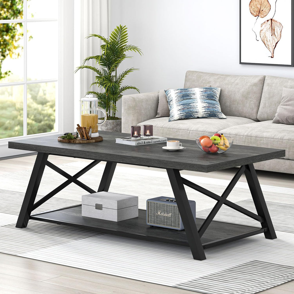 EXCEFUR Coffee Table, Industrial Wood and Metal Center Table for Living Room, Rectangle Cocktail Tea Table with Storage Shelf, Rustic Grey, 47 Inch