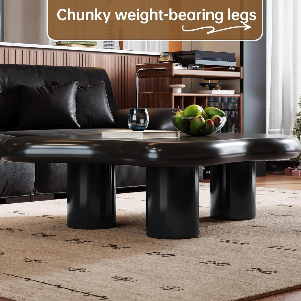 46.06' Cloud Shape Coffee Table, Modern Round Edge Black Coffee Table with 3 Sturdy Support Legs and 3.14' Thick Tabletop for Living Room, Bedroom