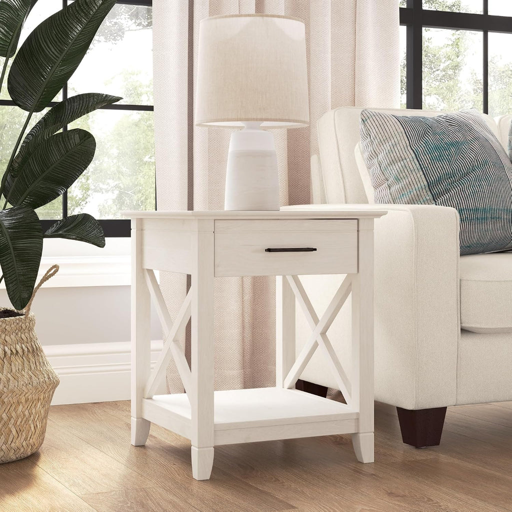 Bush Home End Table with Drawer, Nightstand with Storage, Living Room and Bedroom Furniture, Key West Collection, Linen White Oak