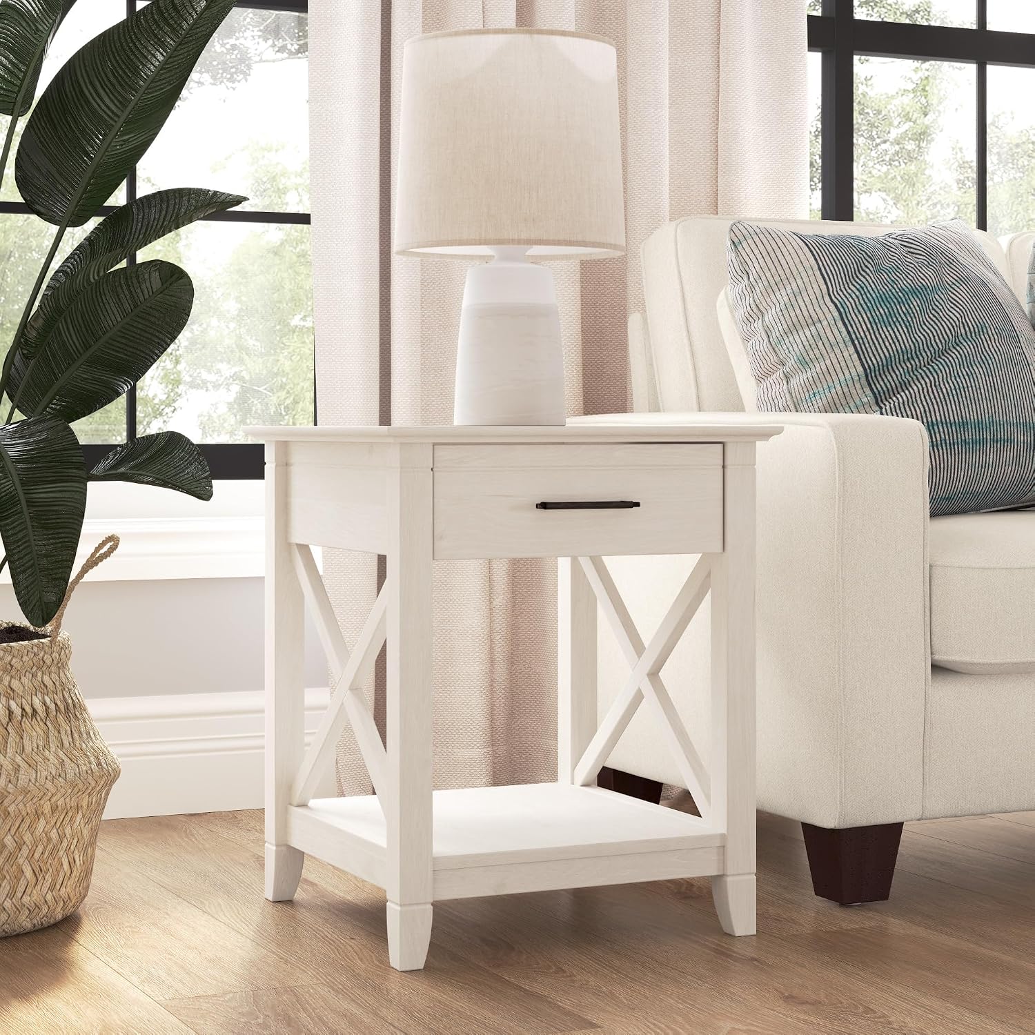 Bush Home End Table with Drawer, Nightstand with Storage, Living Room and Bedroom Furniture, Key West Collection, Linen White Oak