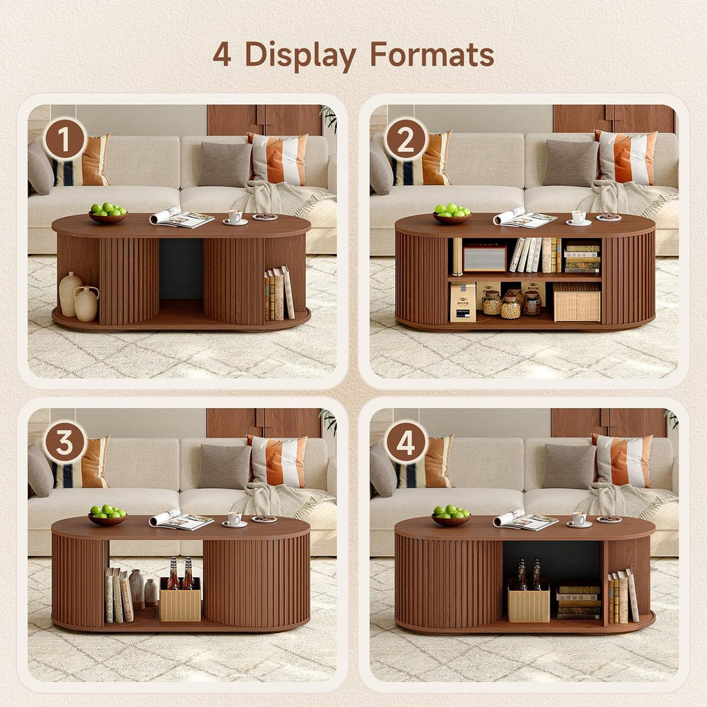 ONBRILL 47' Multi-Functional Coffee Table with Storage, Oval Coffee Table with Vertical Striped Sliding Door & Round Base, Mid-Century Modern Center Table with Adjustable Shelf for Living Room, Walnut