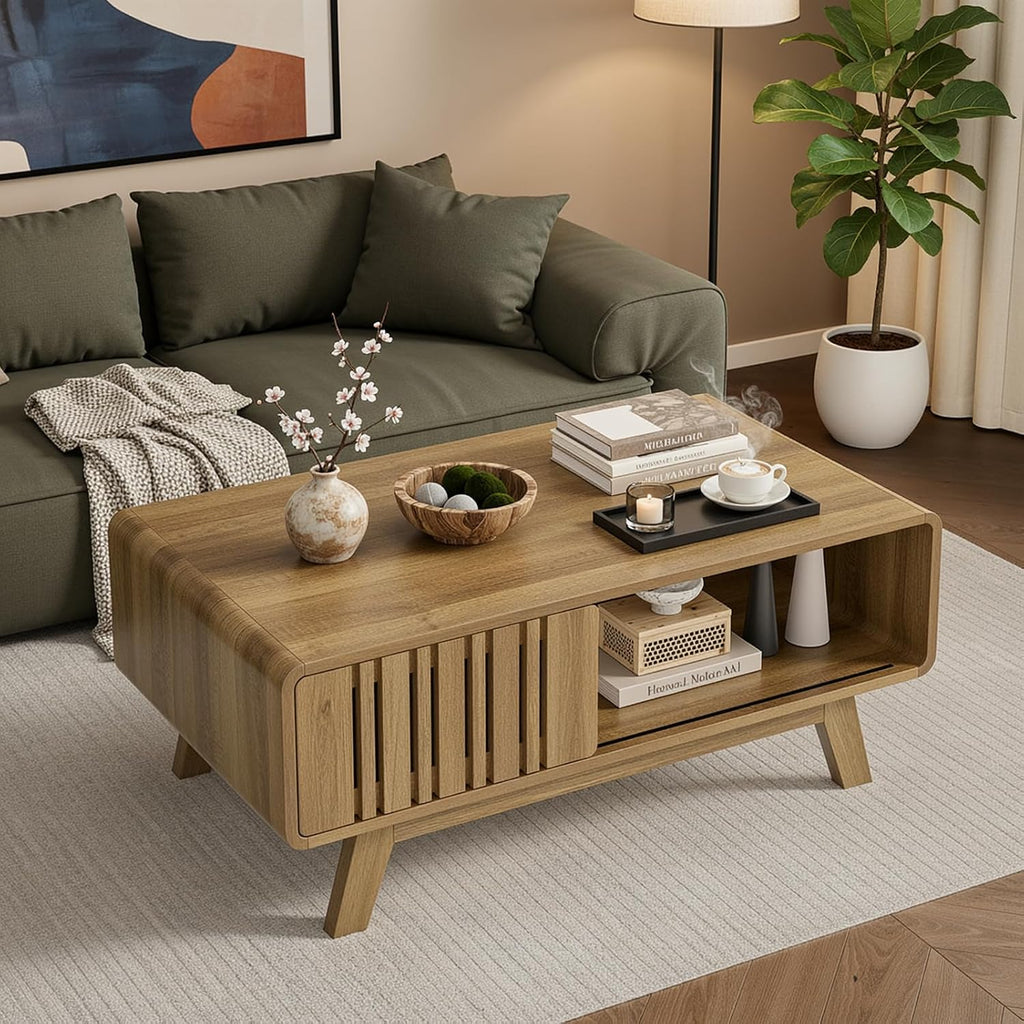 ONBRILL Coffee Table, Mid Century Modern Table with Storage Compartment, Fluted Table with Sliding Cabinet Door, Farmhouse Wood Coffee Table for Living Room (Natural)