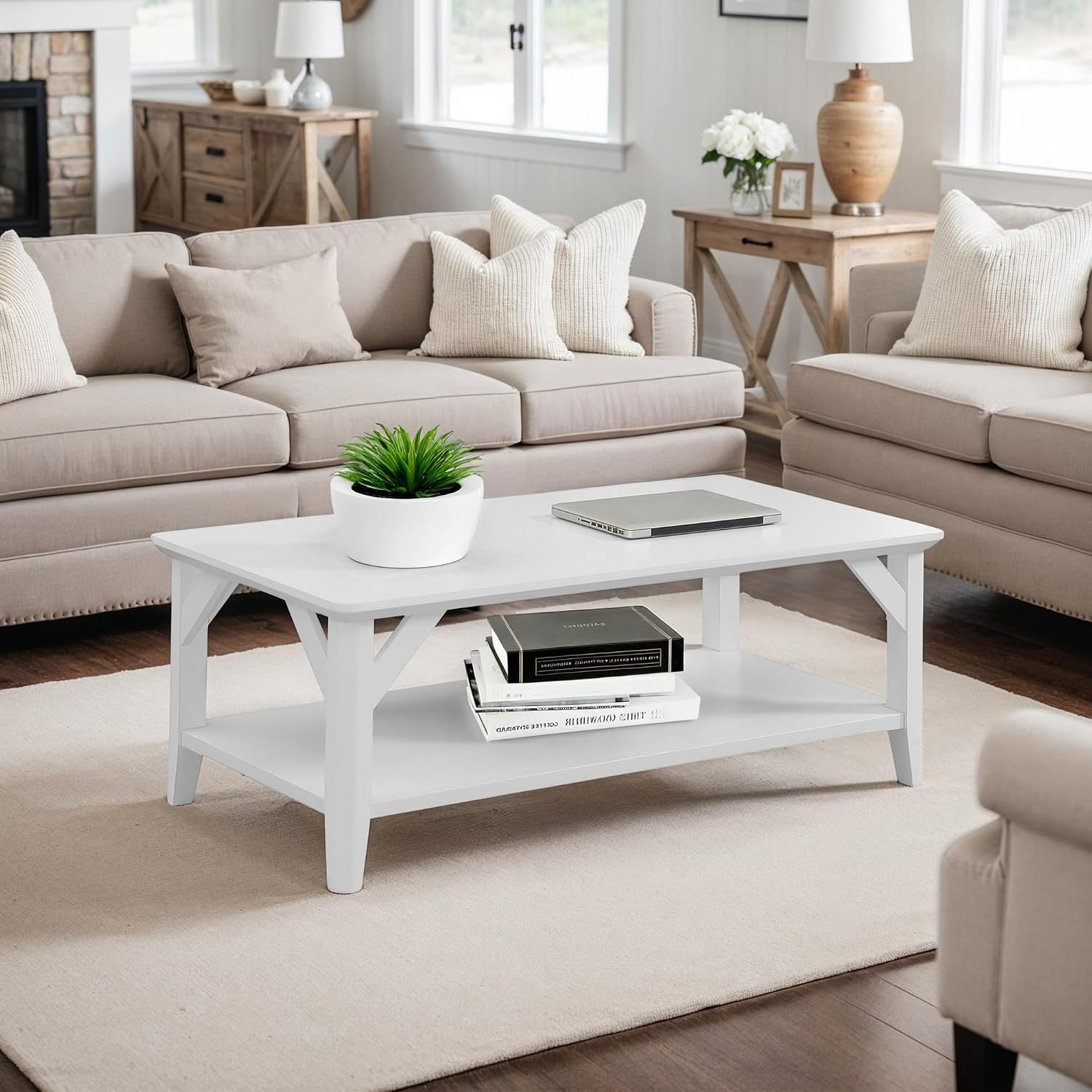 Convenience Concepts Winston Coffee Table 47.25' - Modern Center Room Accent with Storage Shelf for Transitional, Traditional Living & Family Room, White