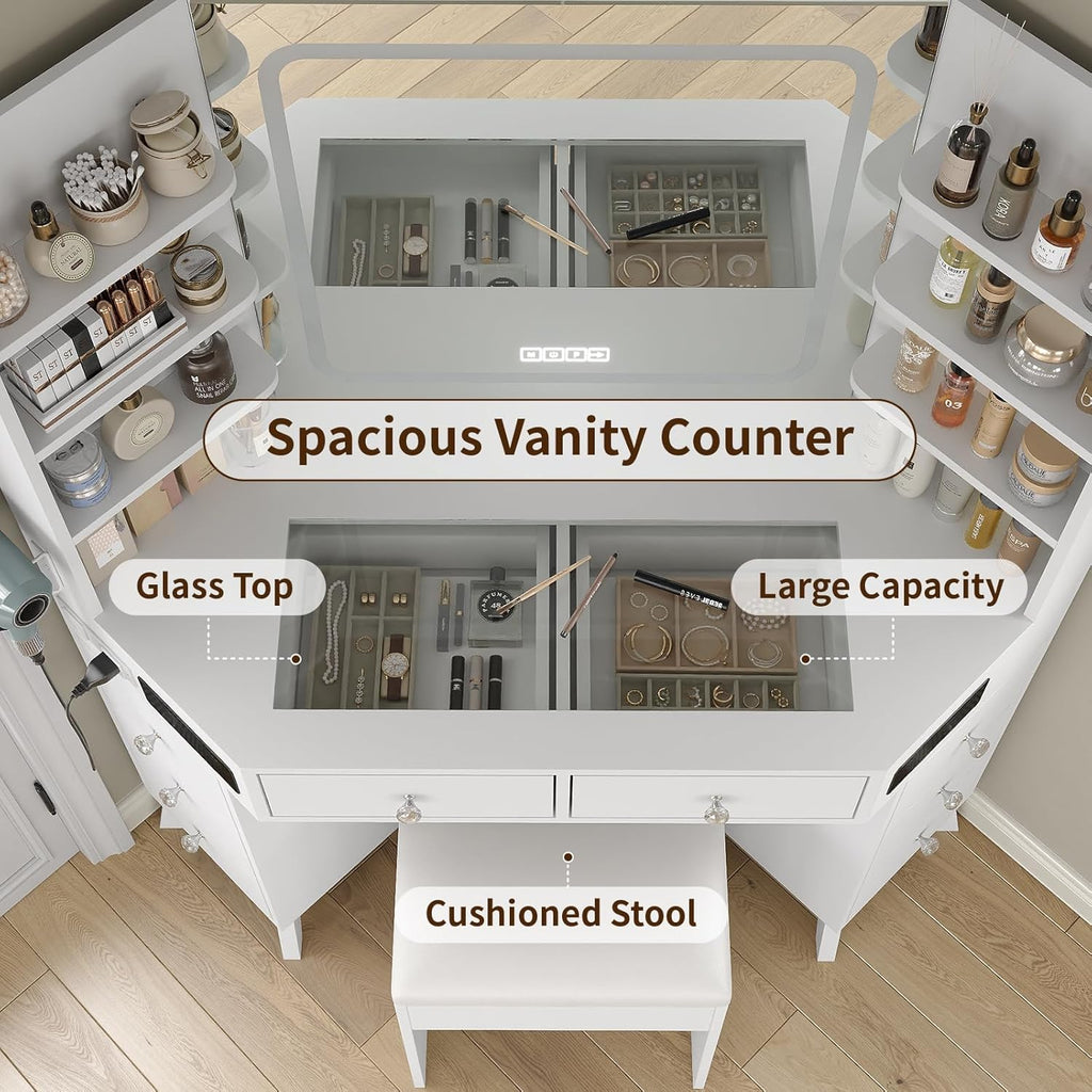 Yanosaku Corner Vanity Desk with Buil-in Speaker, 8 Drawers & 6 Shelves, Makeup Vanity with Glass Top, Modern Vanity with Mirror and Lights, 3 Color Lighting Modes, Dressing Table for Bedroom, White