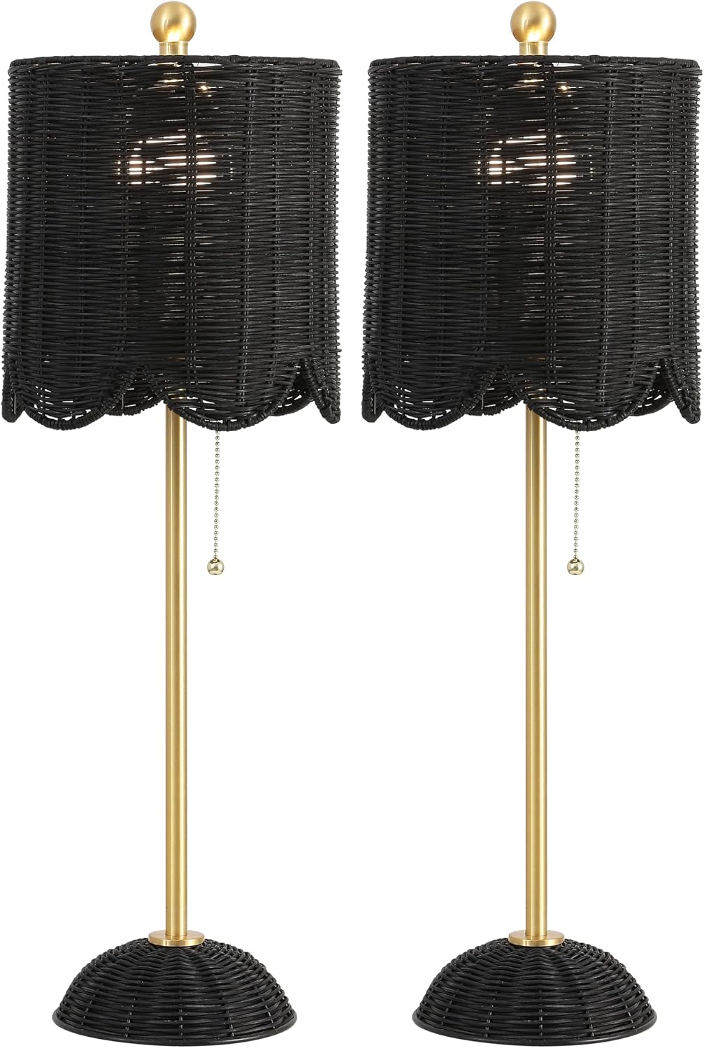JONATHAN Y 27.5' Black/Brass Gold Coastal Buffet Table Lamp Set of 2 for Bedroom, Boho Table Lamps with Natural Rattan Scalloped Shade, Pull Chain, LED Bulbs Included (JYL1138C-SET2)
