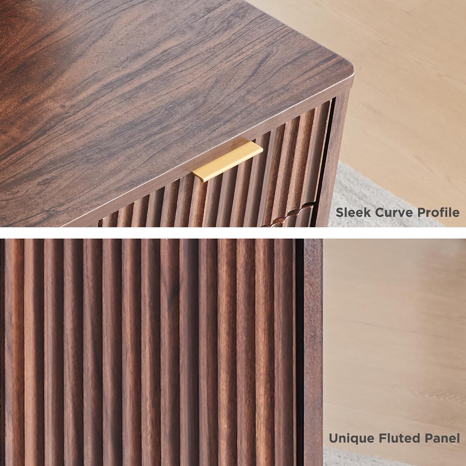 T4TREAM 60'' Fluted Executive L Shaped Desk, Modern Home Office Desk with Charging Station and File Drawer, Computer Corner Desks with Drawers & Storage Cabinet for Office Home, Bedroom, Dark Walnut