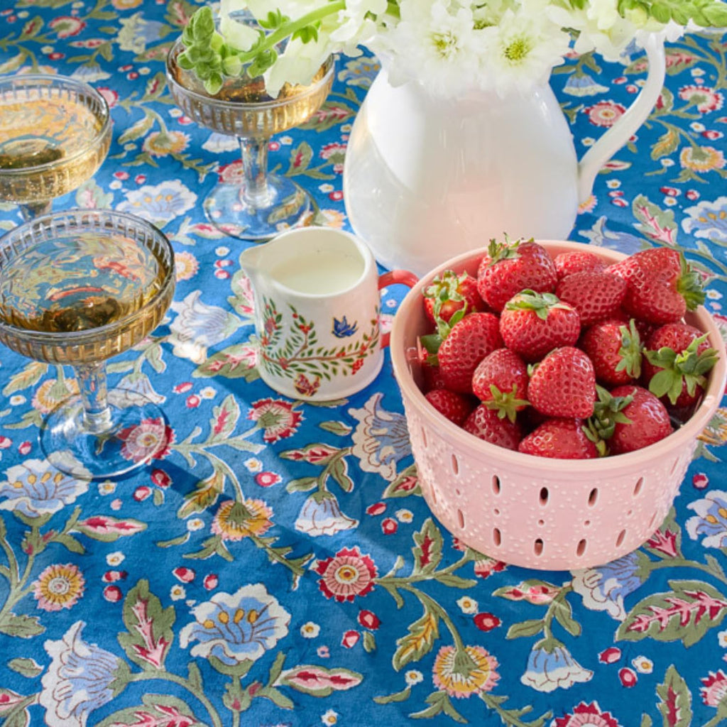 Saffron Marigold Rectangle Hand Block Printed Tablecloth - Enchanted - Blue Luxurious 100% Cotton, Washable, for Home Decor, Kitchen, Coffee Or Dining Table 70 x 90 Inches