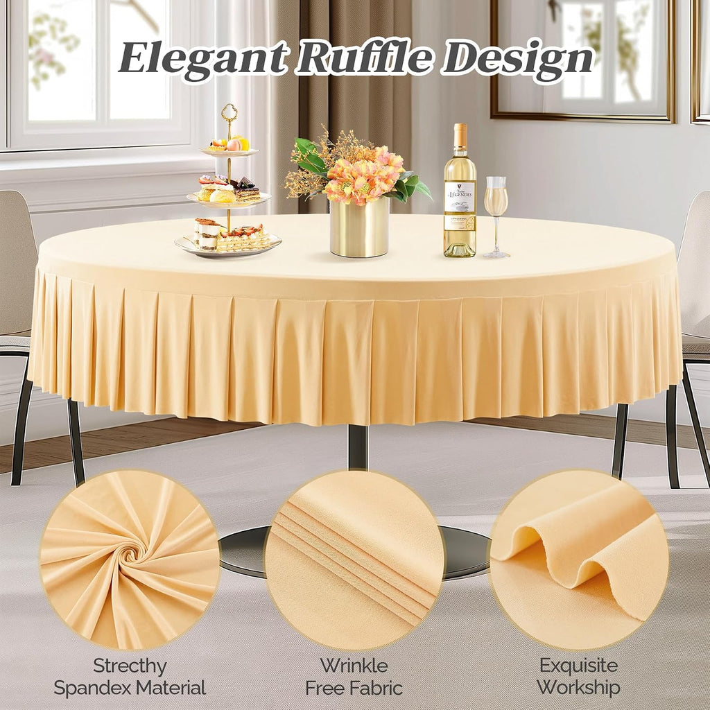 8 Pack Champagne Spandex Round Tablecloths for 60 inch Tables, Stretchy Fitted 5FT Round Table Cloths with Skirt for Wedding Party Dining Banquet