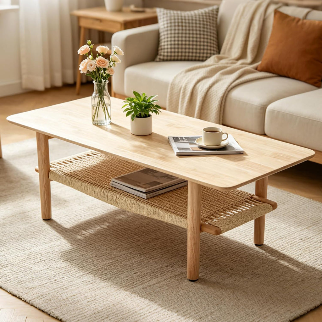 Farmhouse Coffee Table for Living Room 2-Tier Coffee Table with Natural Rattan Storage Shelf Large Rectangular Center Table for Living Room Reception, Natural Color