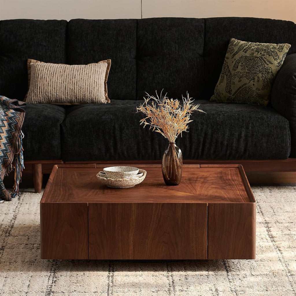 SSLine 35.4-Inch Square Coffee Table with Storage Drawers,Fully Assembled Wooden Coffee Table with Solid Wood Veneered Mid-Century Modern Cocktail Center Tables for Living Room Office,Walnut