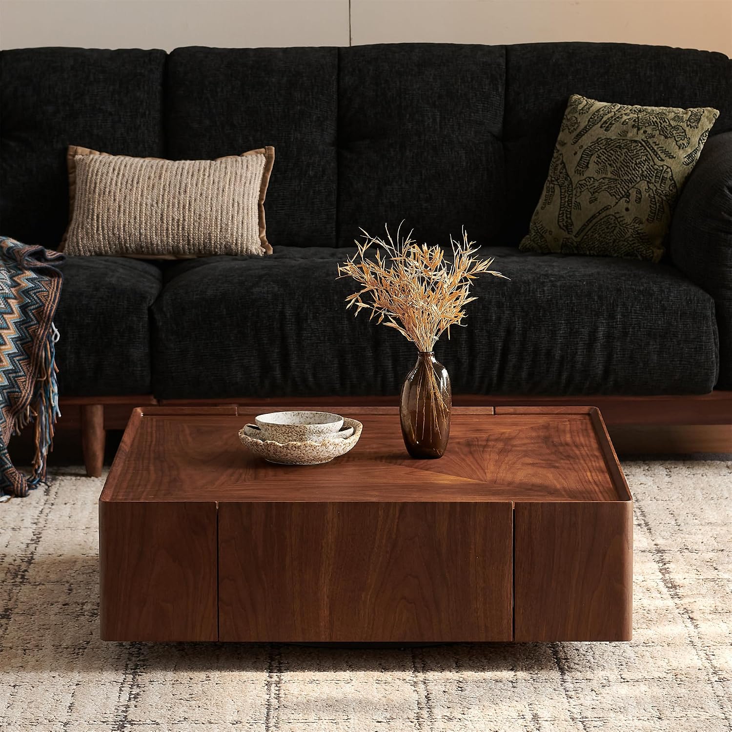 SSLine 35.4-Inch Square Coffee Table with Storage Drawers,Fully Assembled Wooden Coffee Table with Solid Wood Veneered Mid-Century Modern Cocktail Center Tables for Living Room Office,Walnut