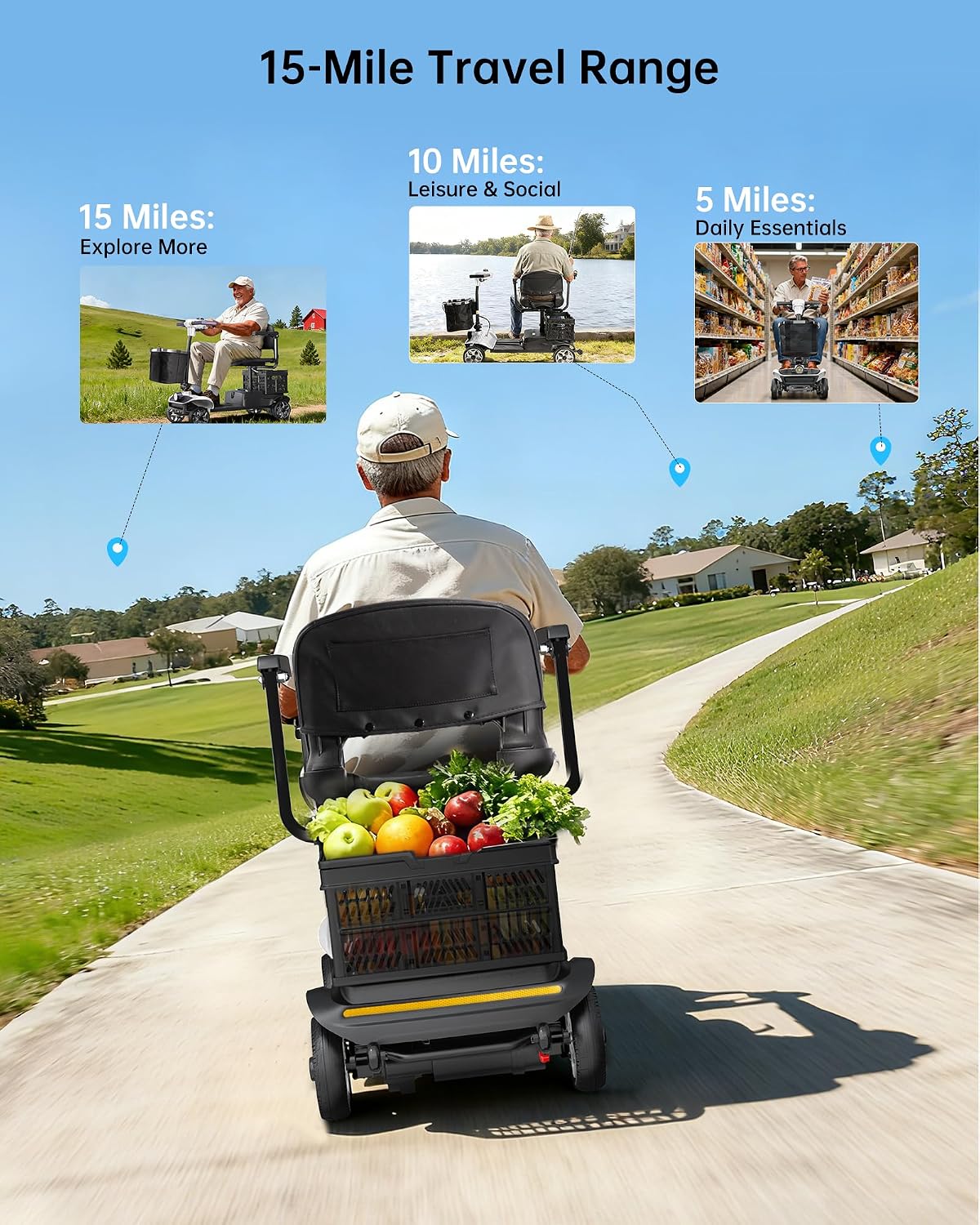 Electric Scooter for Adults & Seniors - Light Weight Mobility scooter with Auto Braking Adjustable Seat Removable Battery, Portable Foldable, 15 Mile Range, 330lb Capacity, Dual Basket, White