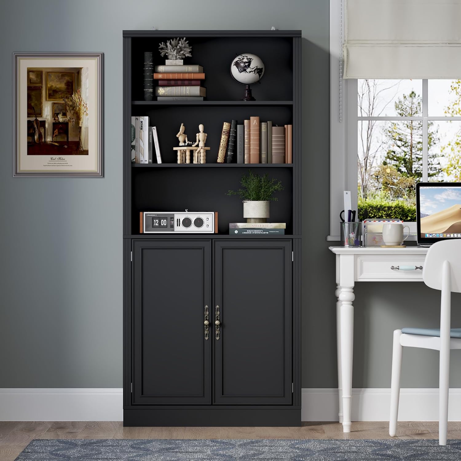 BORNOON 70.1' Tall Bookshelf with Cabinet, 5-Tier Floor Standing Bookcase with Doors & Adjustable Shelves, 31.5' Wide Storage Shelf, Metal Handles, Modern Organizer for Home Office, Living Room