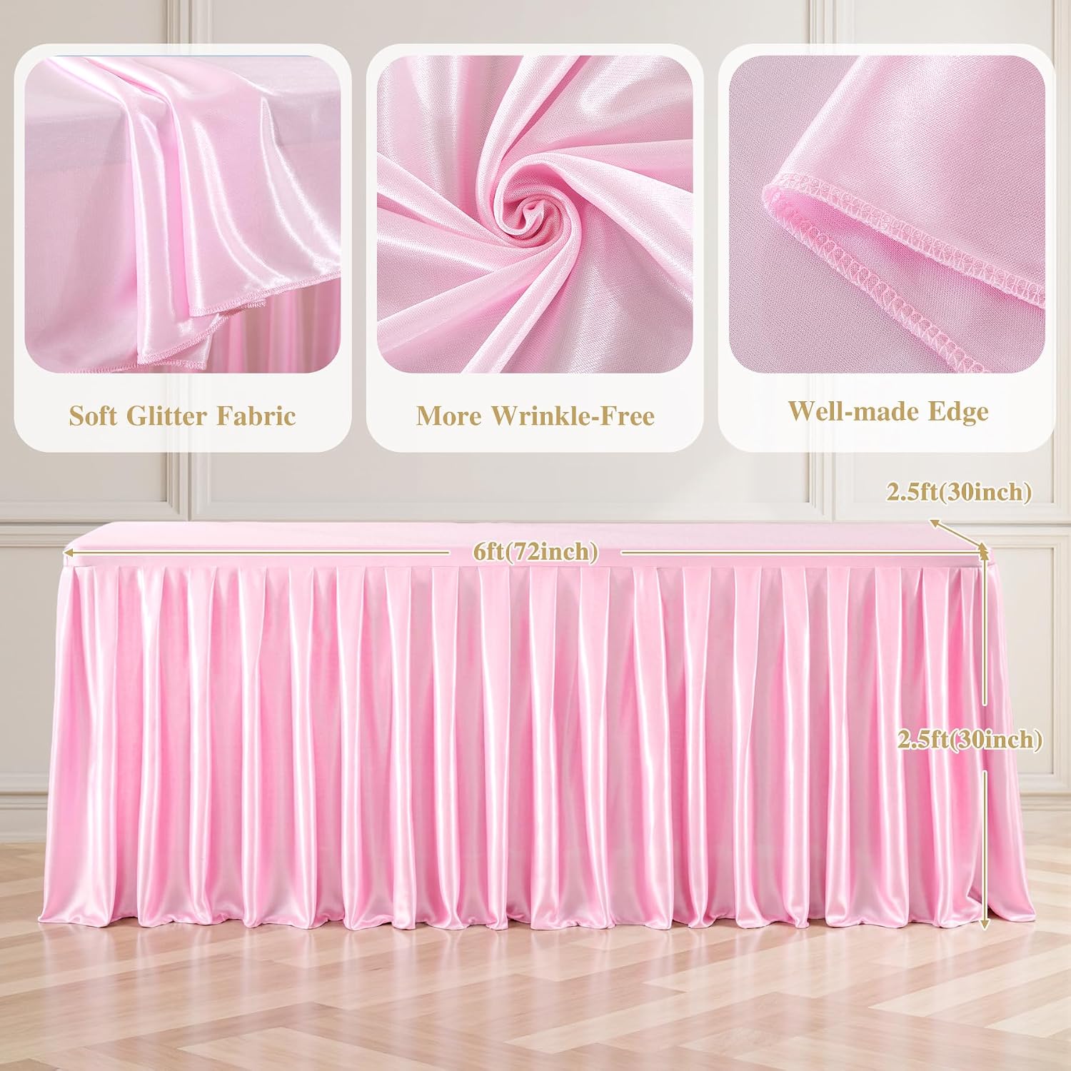 8 Pack 6FT Pink Satin Tablecloths for Rectangle Tables - Shiny Spandex Party Table Cover with Pleated Table Skirt, No-Wrinkle & Glossy Wedding Tablecloth One-Piece for Birthday Baby Shower Ceremony