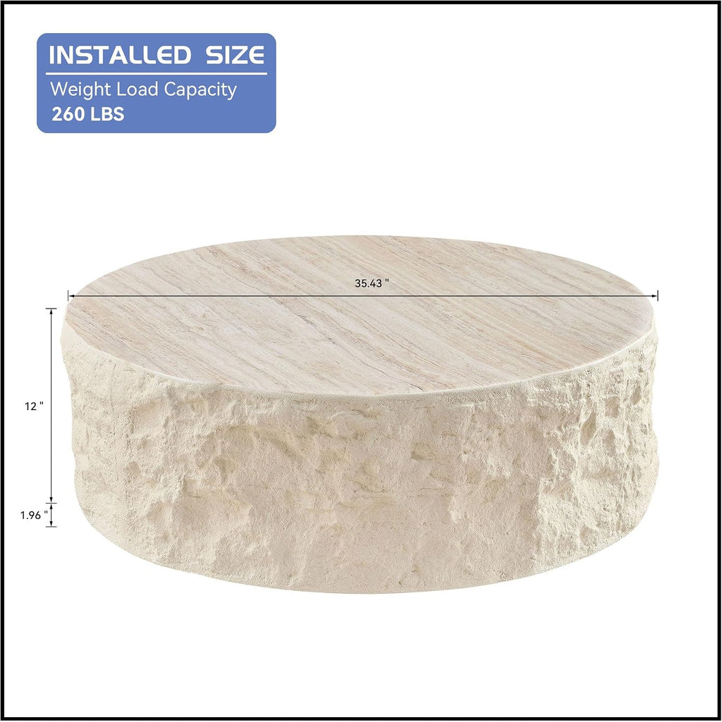 35.43' Modern Round Drum Coffee Table for Living Room, Circle Center Side End Table for Living Room, Office, Apartment, No Assembly Falux Marble Mars Stone, Beige