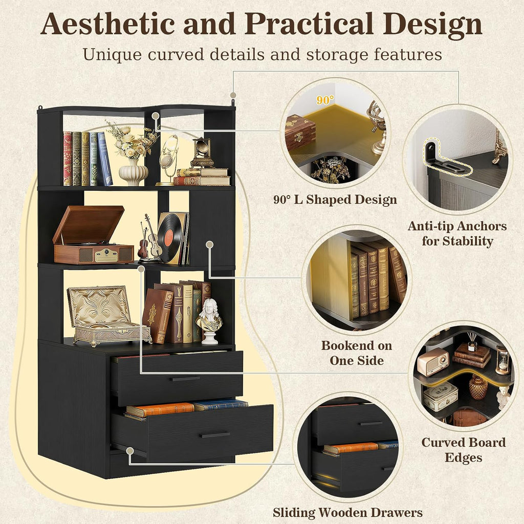 Armocity Corner Bookshelf with Drawers, 6 Tier Corner Book Shelf Display Bookcase, Freestanding L Shaped Bookshelf for Bedroom, Living Room, Home Office, Black