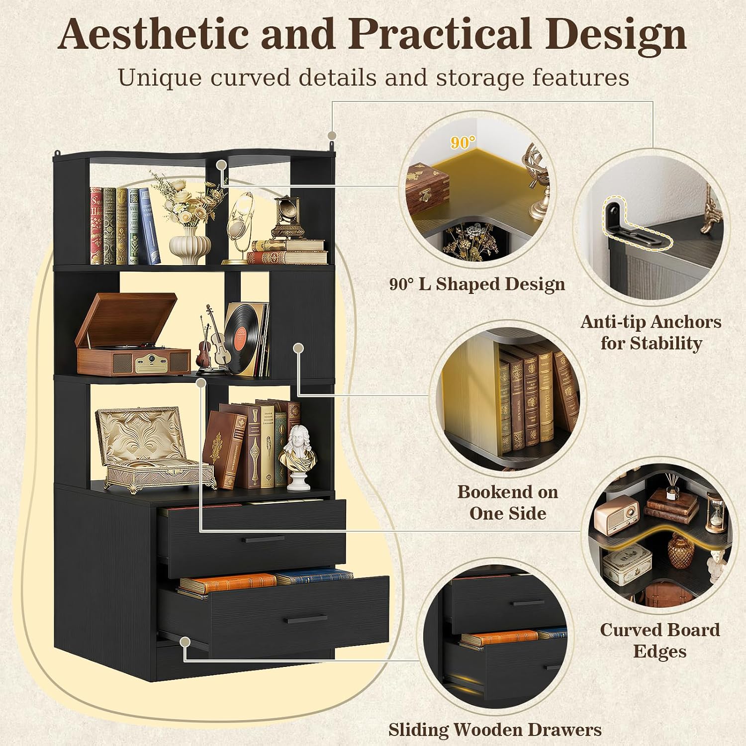 Armocity Corner Bookshelf with Drawers, 6 Tier Corner Book Shelf Display Bookcase, Freestanding L Shaped Bookshelf for Bedroom, Living Room, Home Office, Black