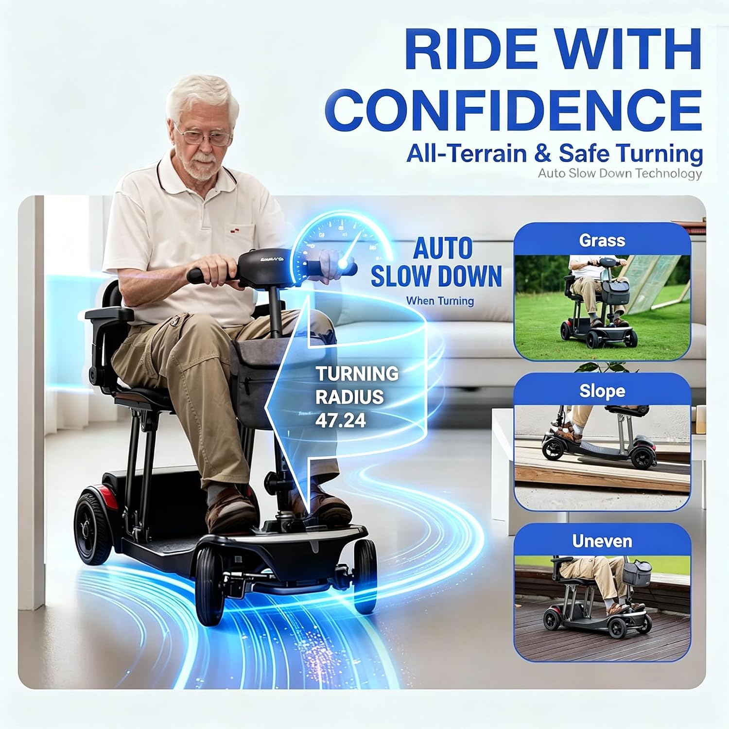Mobility Scooter for Senior & Adults, Cruise & Airport Approved-44lb Foldable Portable Motorized Scooters with Removable Lithium Battery for 15.53 Miles Travel, 298lb Capacity (with 2-in-1 Holder)