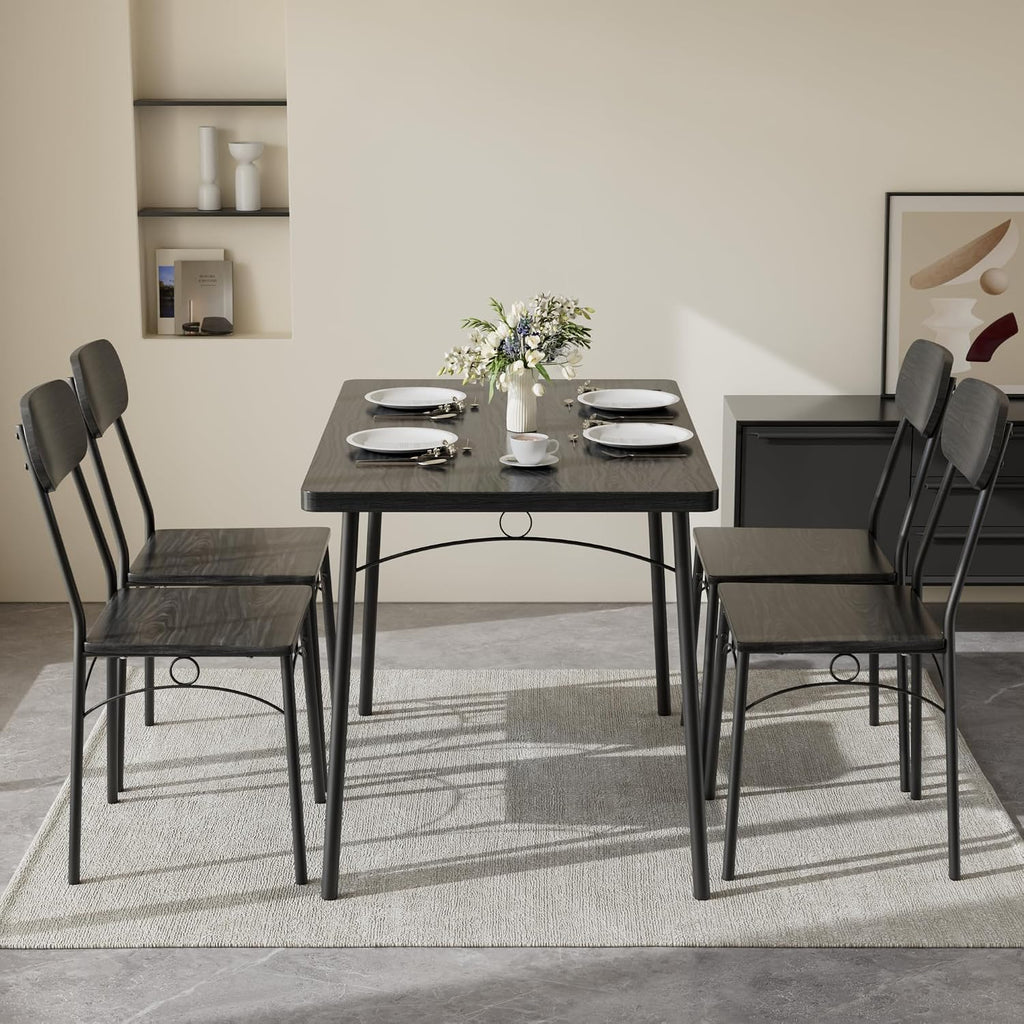 VECELO Dining Table Set for 4, 5-Piece Kitchen Table with 4 Chairs, MDF Board Tabletop with Metal Frame for Small Space, Compact Dinette, Breakfast Nook, Black