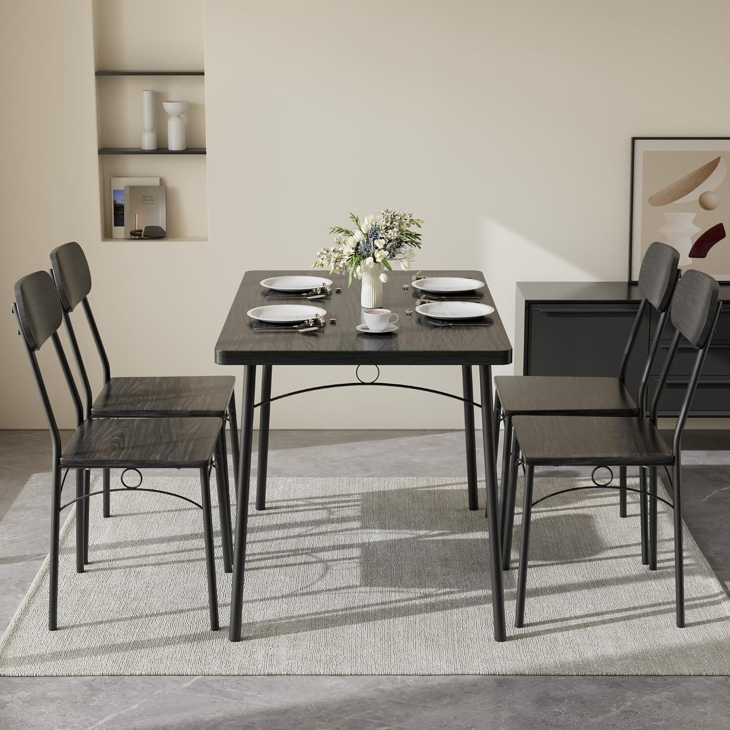 VECELO Dining Table Set for 4, 5-Piece Kitchen Table with 4 Chairs, MDF Board Tabletop with Metal Frame for Small Space, Compact Dinette, Breakfast Nook, Black