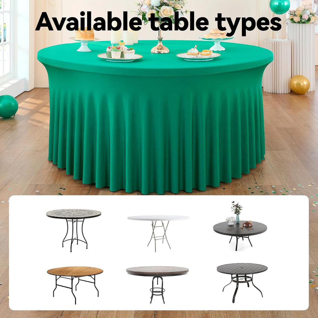 leegleri 6 Pack Emerald Spandex Round Tablecloths, Stretchy 120inch Fitted 5FT Table Cloths with Skirt for Wedding Party Dining Banquet