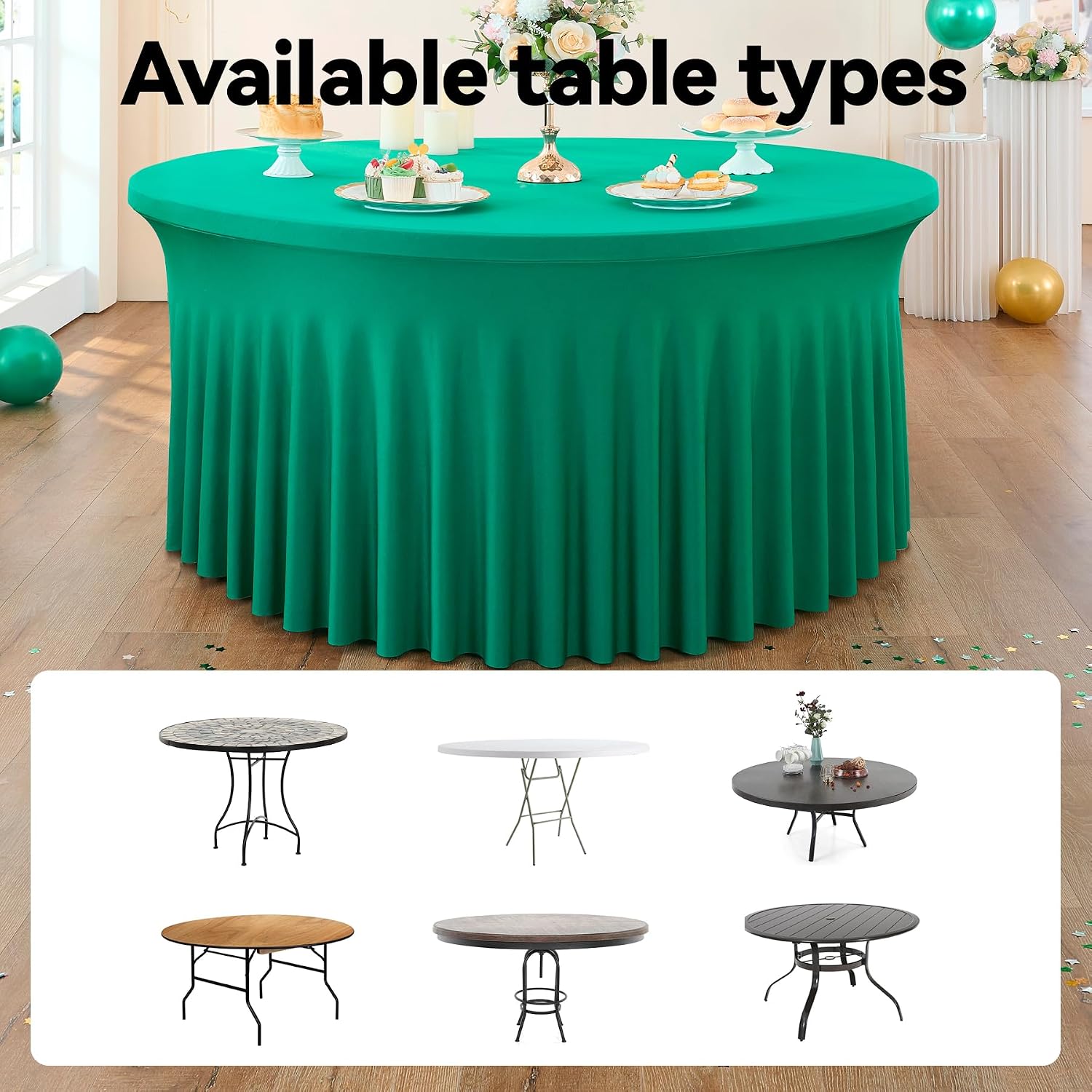 leegleri 6 Pack Emerald Spandex Round Tablecloths, Stretchy 120inch Fitted 5FT Table Cloths with Skirt for Wedding Party Dining Banquet