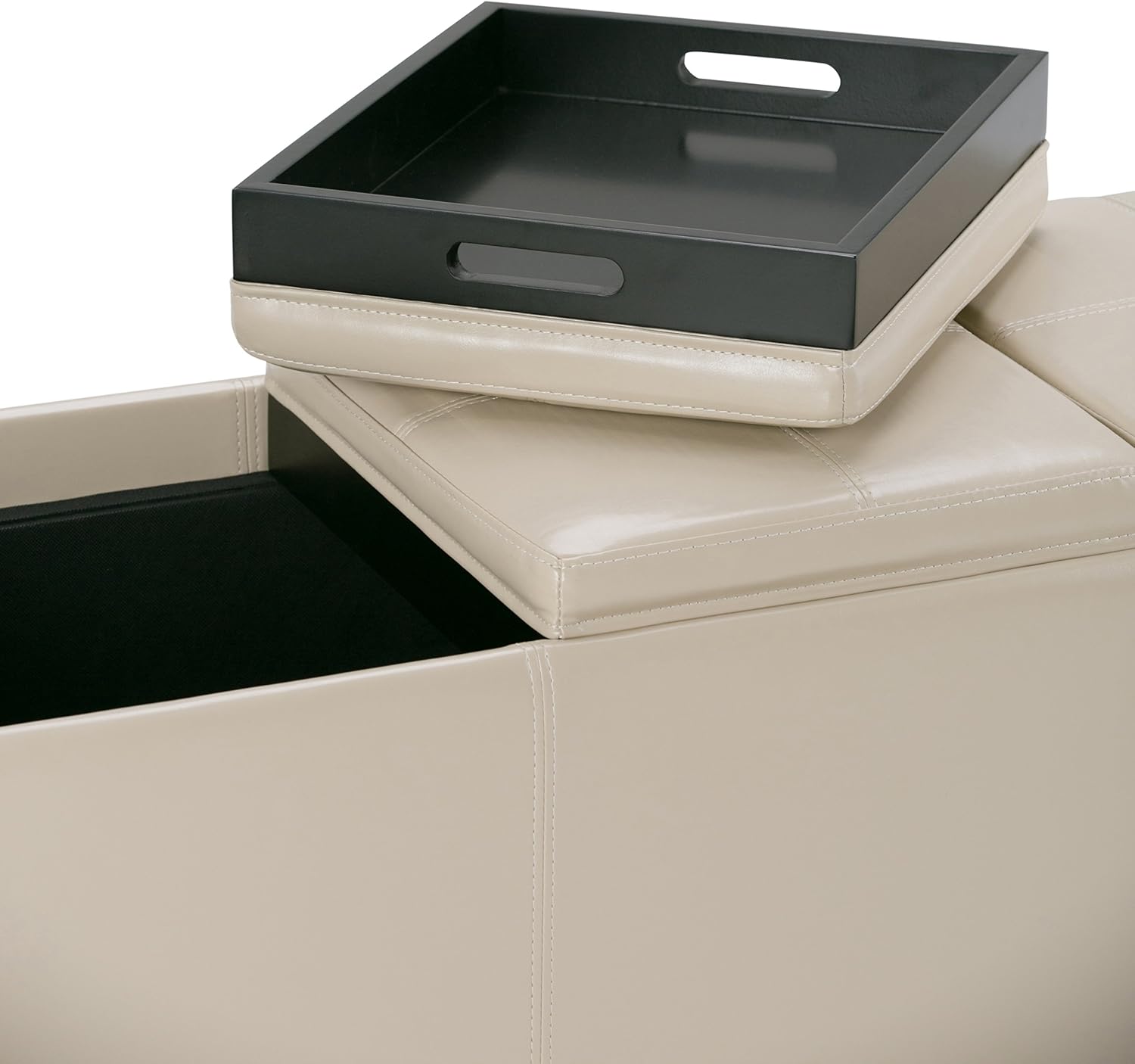 SIMPLIHOME Avalon Storage Ottoman - 42 inch Wide Upholstered Vegan Leather Rectangular Flip-Top Ottoman in Satin Cream, Contemporary Coffee Table Ottoman for Living Room with Hidden Storage