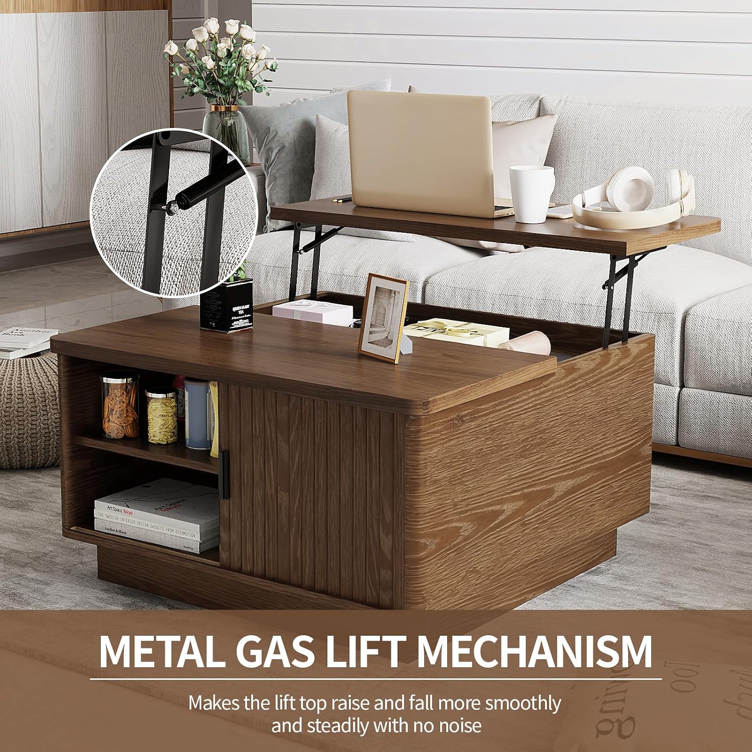 Lift Top Coffee Table with Storage, 31.5' Fluted Square Coffee Tables for Living Room, Home Office, Large Hidden Storage Compartment, Adjustable Shelves & Sliding Door (Walnut, Square)