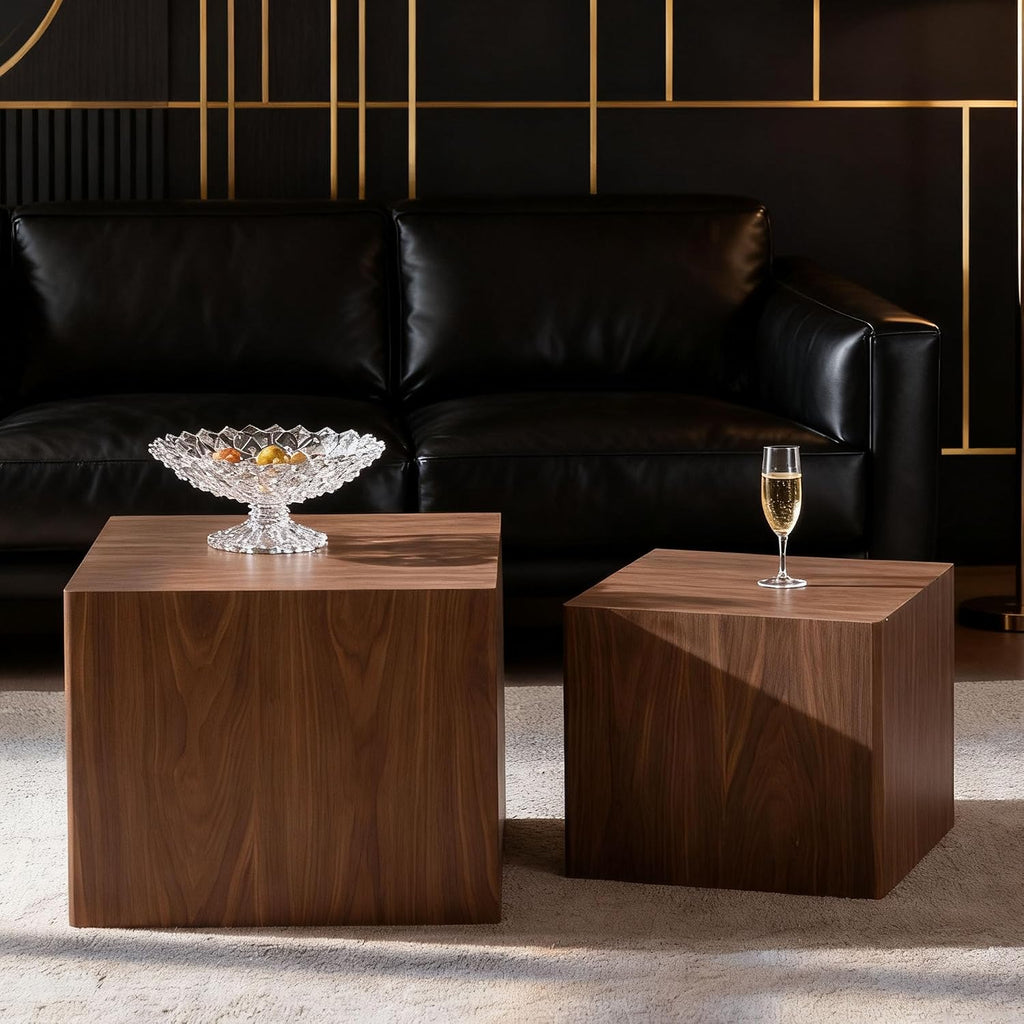 Square Nesting Tables for Living Room, Set of 2, Wood Nesting Coffee Table Walnut Veneer Mid Century Modern Small Accent Center End and Side Table Sets for Farmhouse Apartment Office