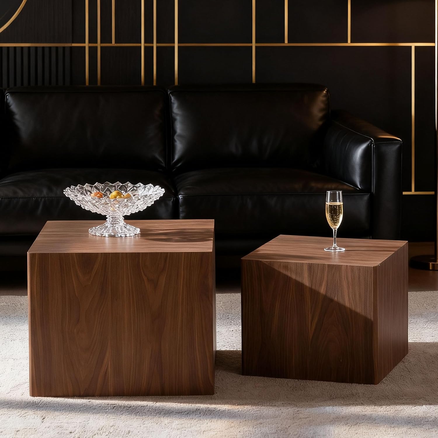 Square Nesting Tables for Living Room, Set of 2, Wood Nesting Coffee Table Walnut Veneer Mid Century Modern Small Accent Center End and Side Table Sets for Farmhouse Apartment Office