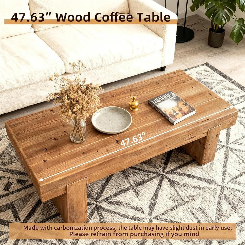 SSLine Solid Wood Coffee Table 47.6-Inch Rectangular Coffee Table for Living Room,Farmhouse Rustic Center Tables with Thicken Top and Sturdy Legs,Walnut