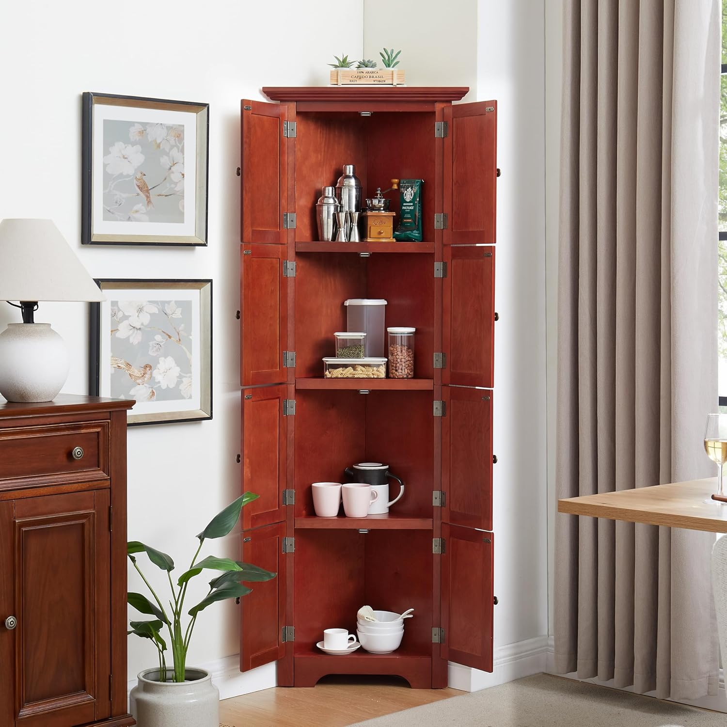 Tall Corner Bookcase Storage Cabinet with Doors and 4 Shelves, Freestanding Triangle Cabinet for Living Room, Kitchen, Office, Small Space, Floor Corner Storage Rack (Cherry2)