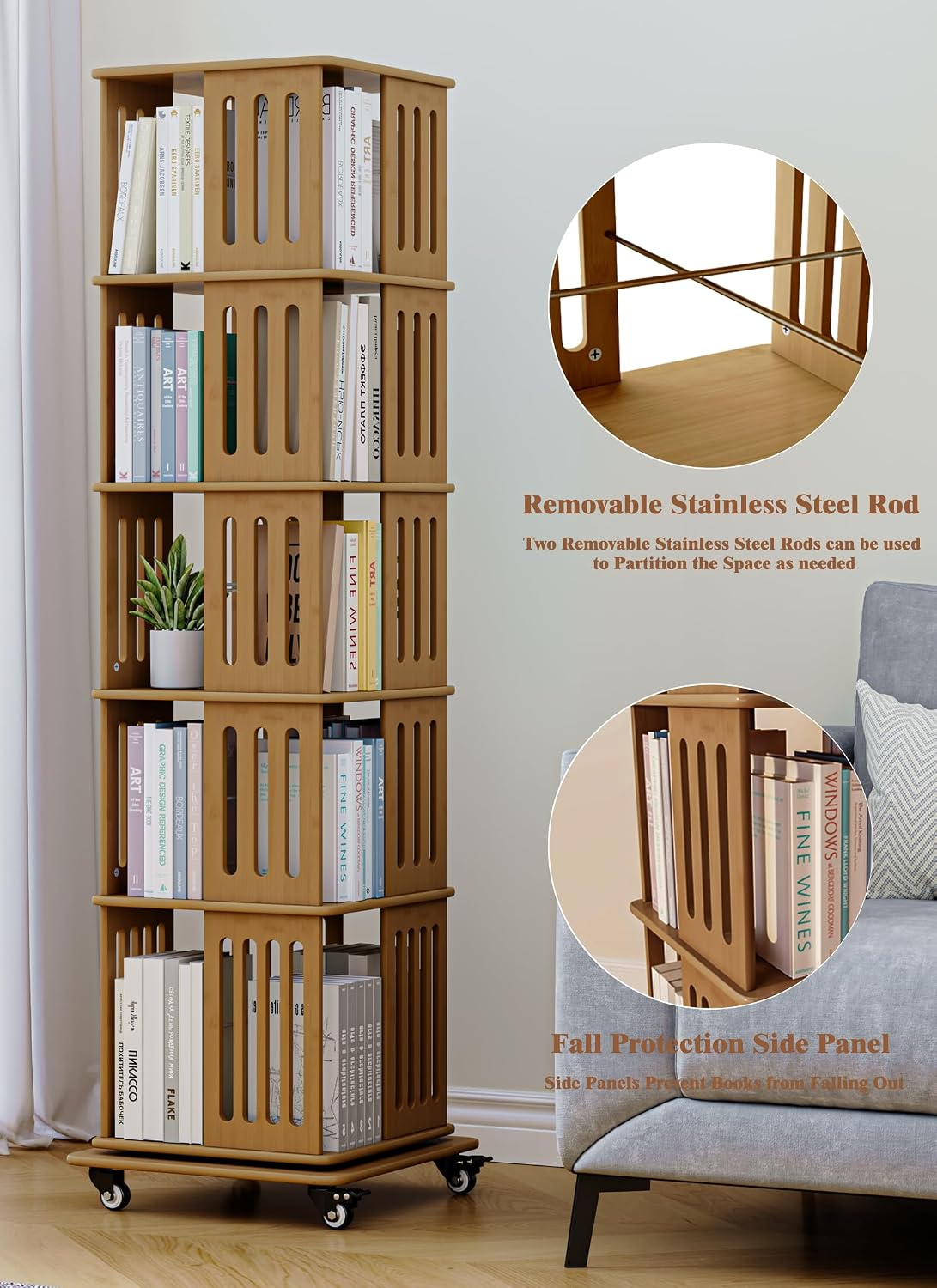 Baoz 60' Tall Rotating Bookshelf Tower, 5 Tier Walnut Spinning Bookcase | 360° Square Bamboo Revolving Book Shelf with 4 Wheels, Wood Narrow Book Case for Small Spaces, Floor Standing for Office