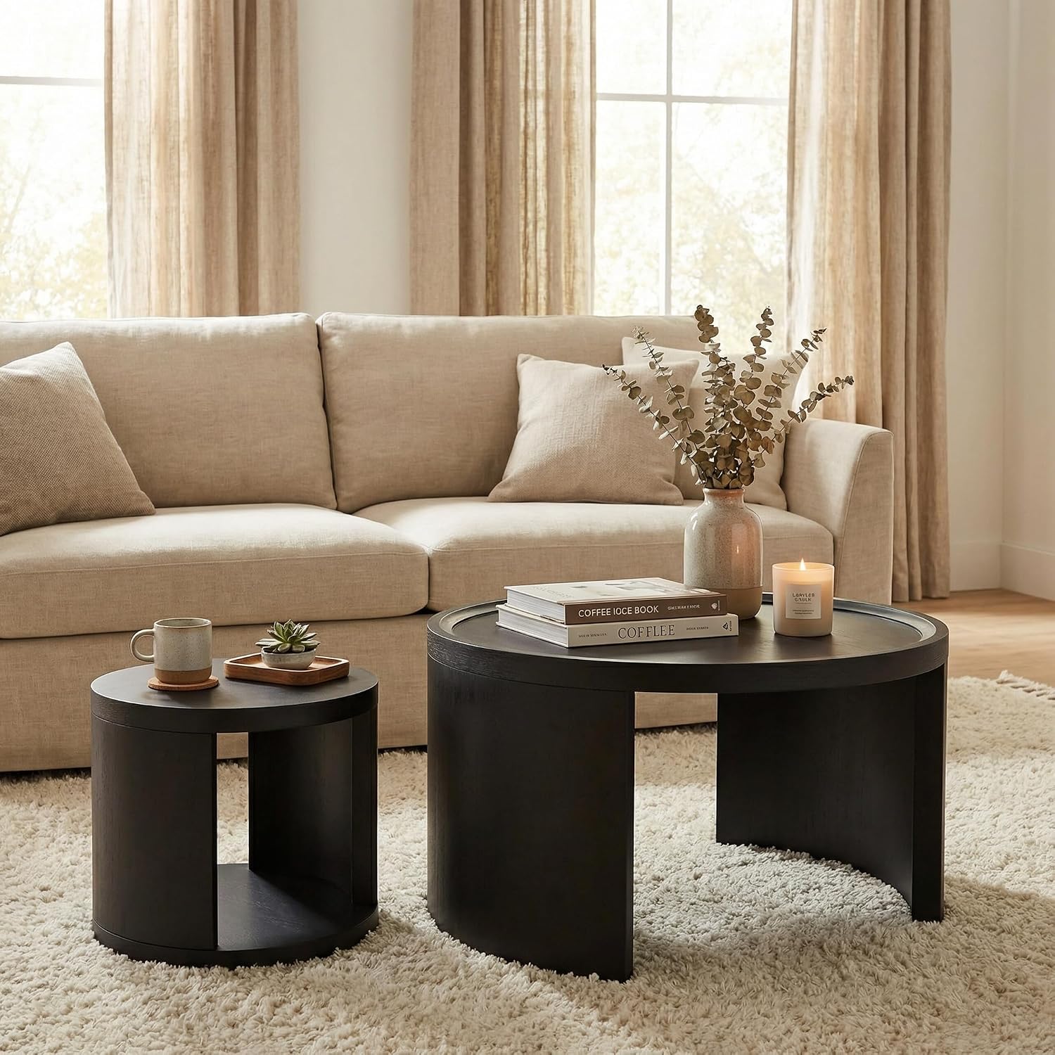 Round Nesting Coffee Table Set of 2, Black Coffee Table, 31.5' Large & 18' Small Low Tables with Wood Top, Center Table for Living Room, Bedroom, Minimalist Center Table Set