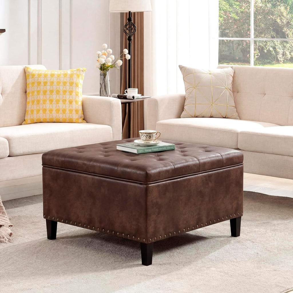 Homebeez Faux Leather Storage Ottoman Bench, Square Coffee Table Footstool Footrest with Wood Legs for Living Room (Distressed Brown)