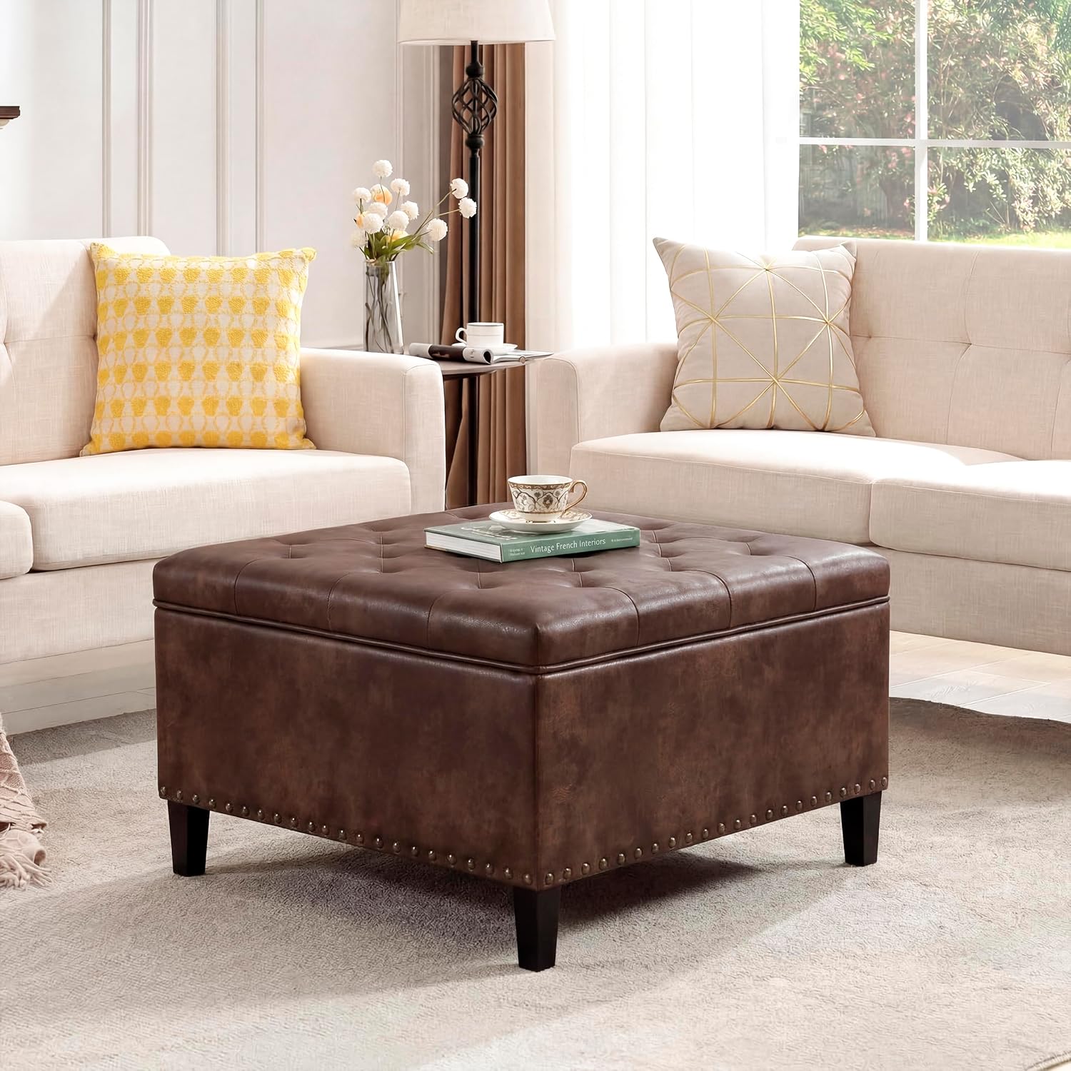 Homebeez Faux Leather Storage Ottoman Bench, Square Coffee Table Footstool Footrest with Wood Legs for Living Room (Distressed Brown)