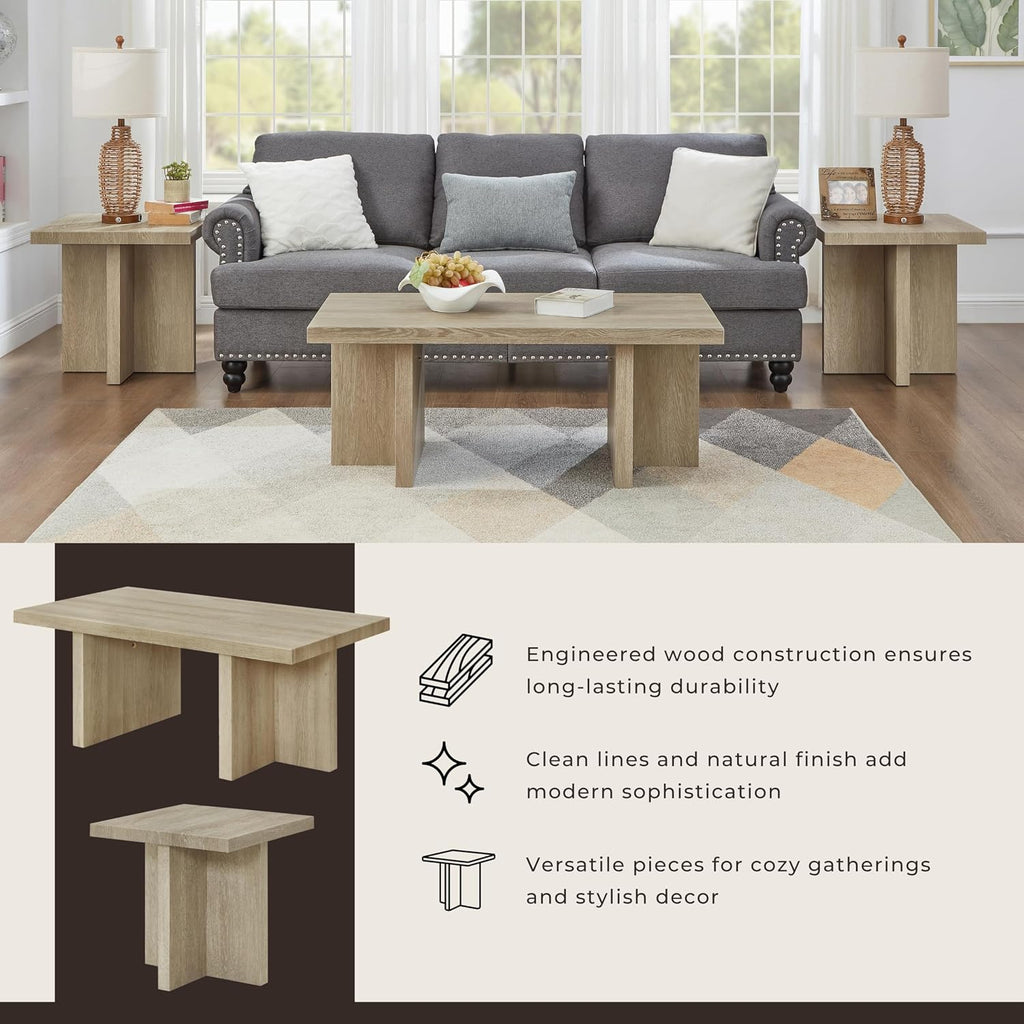 Roundhill Furniture Mchome 3-Piece Coffee Table Set, Coffee Table and Two End Tables, Oak Finish