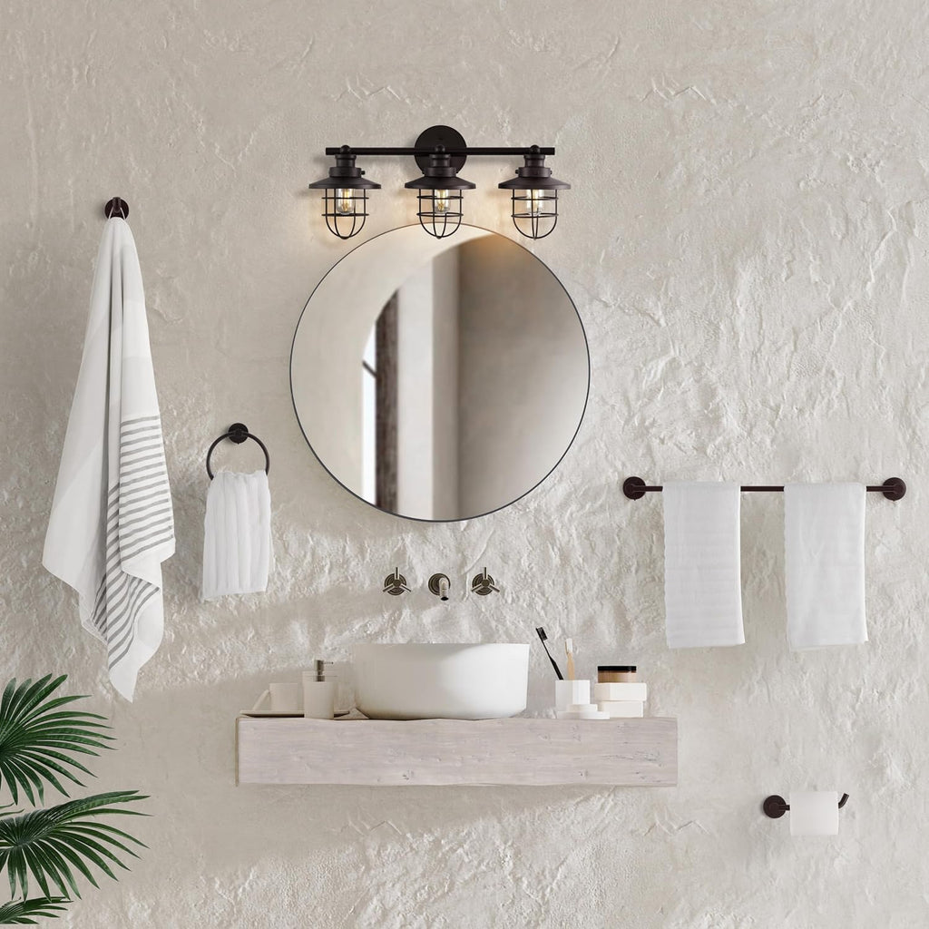 JONATHAN Y JYL1506A Ellis 24' 3-Light Industrial Farmhouse Vanity Light with Bathroom Hardware Accessory Set, Oil Rubbed Bronze (5-Piece) - Towel Bar & Ring, Toilet Paper Holder, Robe Hook