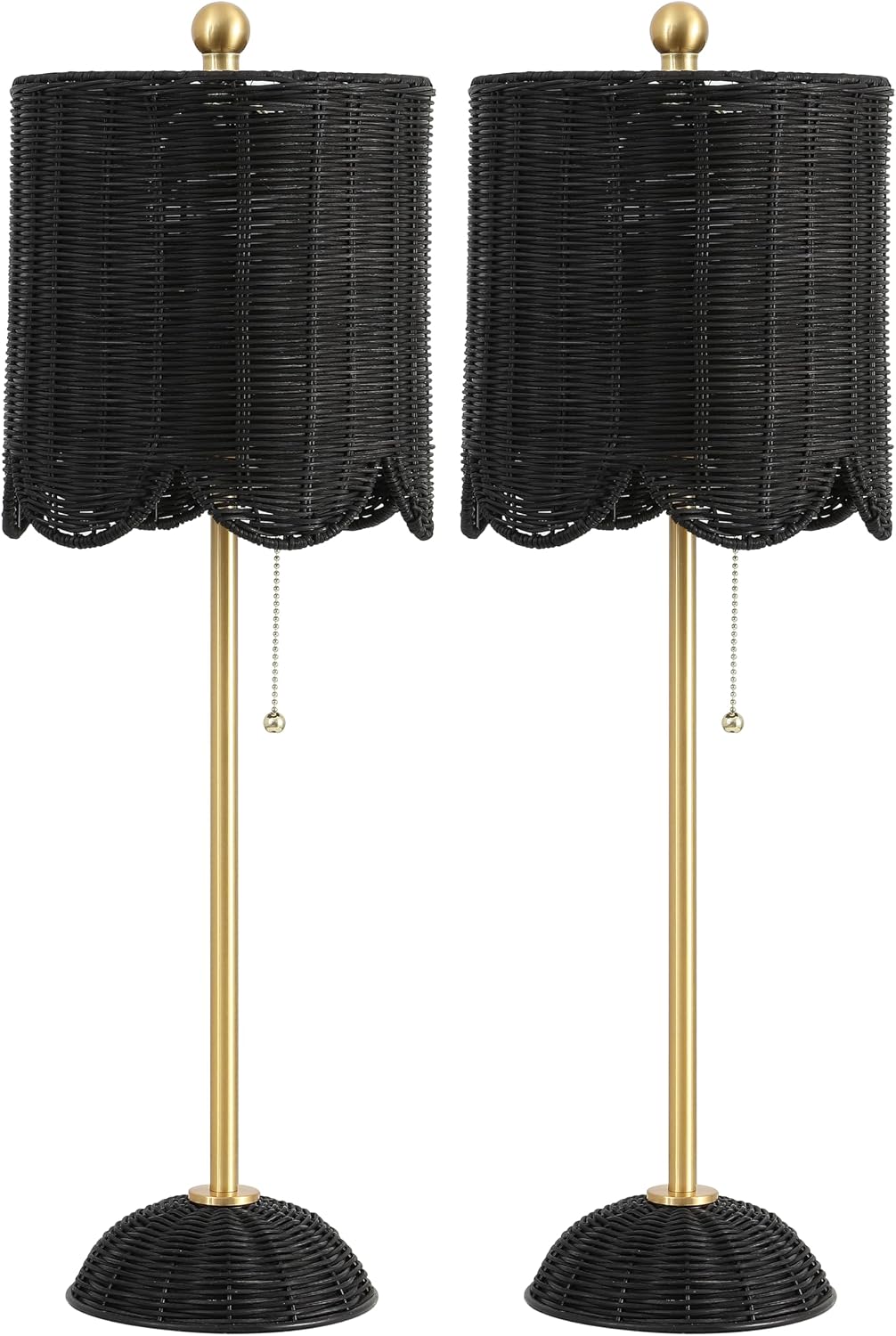 JONATHAN Y 27.5' Black/Brass Gold Coastal Buffet Table Lamp Set of 2 for Bedroom, Boho Table Lamps with Natural Rattan Scalloped Shade, Pull Chain, LED Bulbs Included (JYL1138C-SET2)