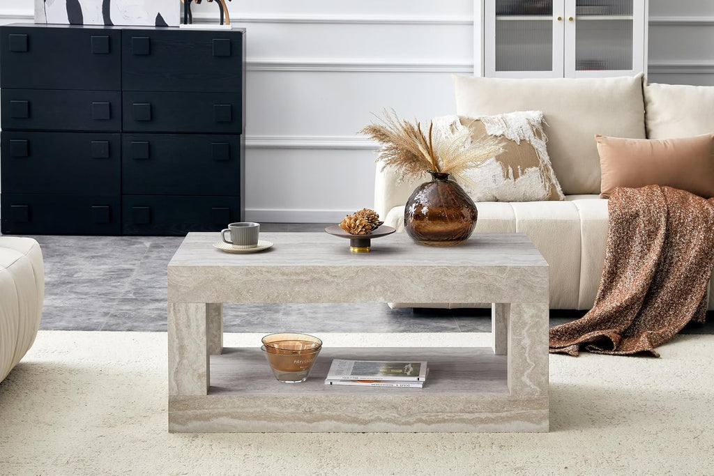 39.4' Faux Mars Coffee Table with Storage, 2-Tier Travertine Coffee Table with Thick Tabletop, Mid Century Travertine Cocktail Center Tea Tables with Bottom Shelf for Living Room, Office, Apartment