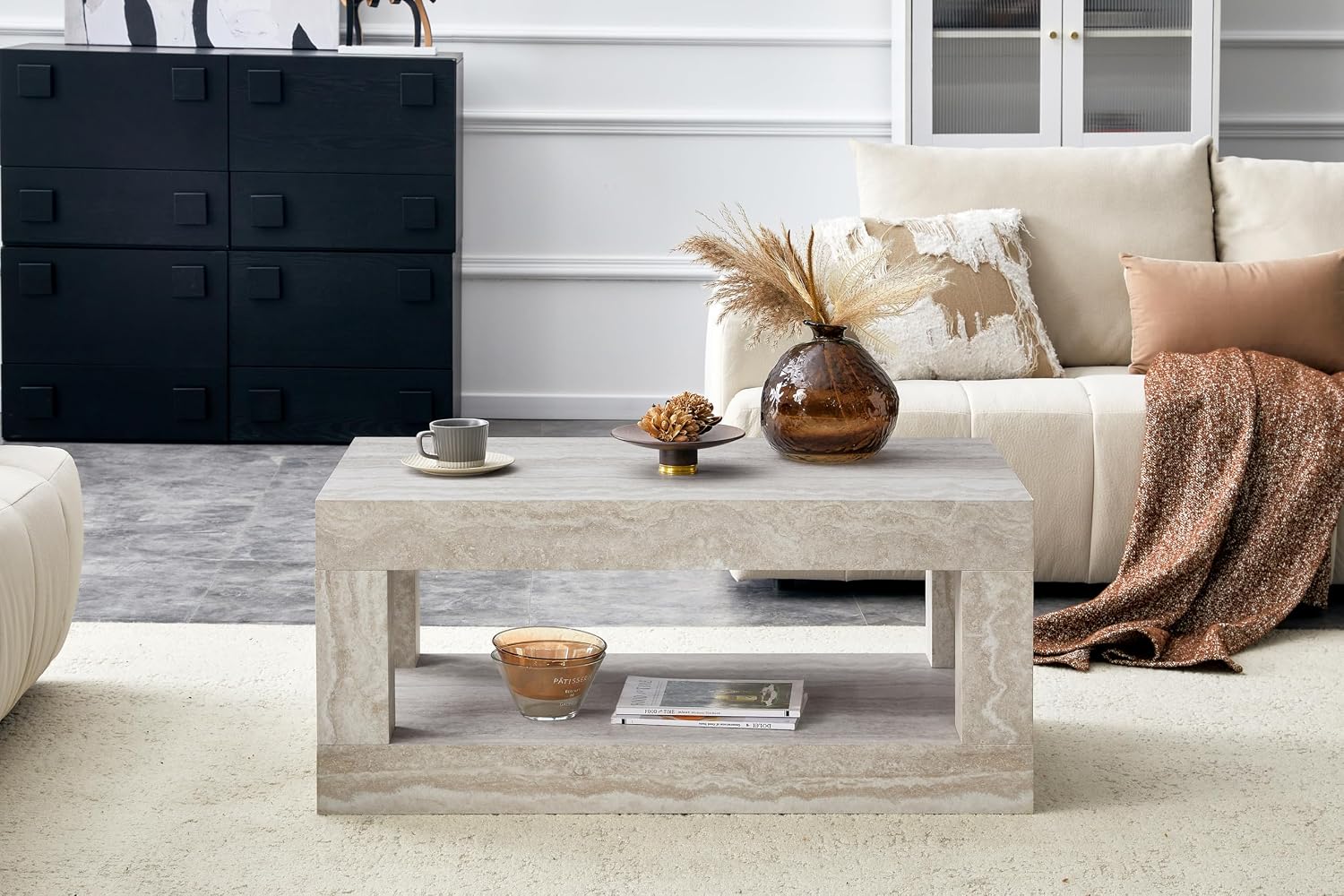 39.4' Faux Mars Coffee Table with Storage, 2-Tier Travertine Coffee Table with Thick Tabletop, Mid Century Travertine Cocktail Center Tea Tables with Bottom Shelf for Living Room, Office, Apartment