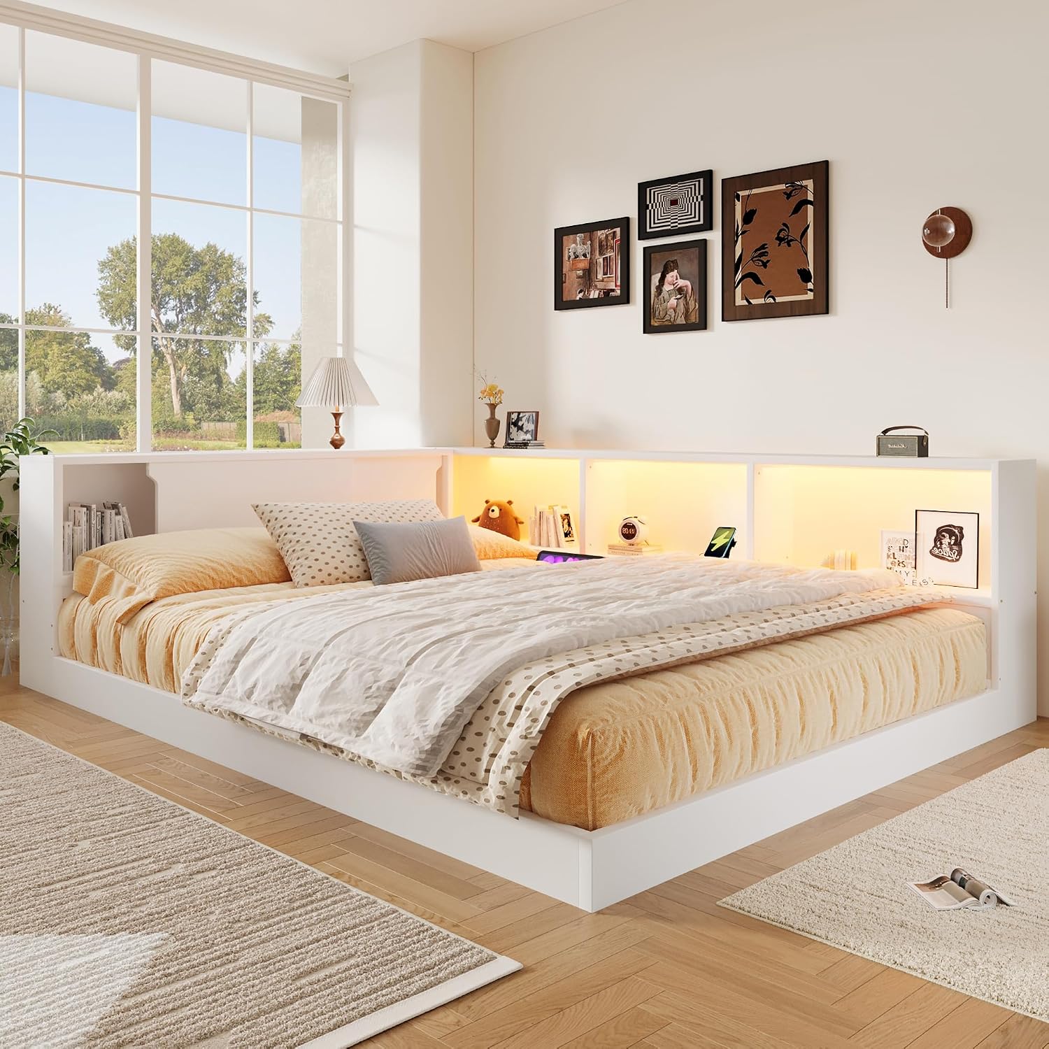 SOFTSEA Queen Size Daybed with Shelves, L-Shape Corner Bed Frame with LED and Storage, Wood Floor Daybed with LED for Kids, Teens & Adults, White
