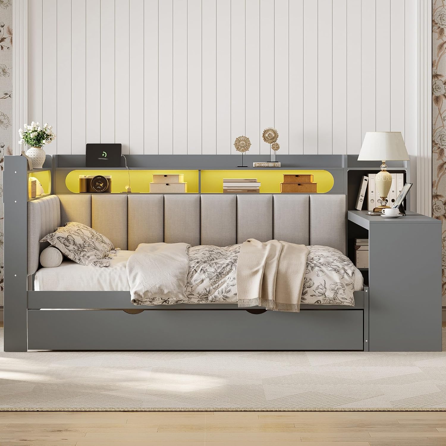 Corner Bed Frame with Trundle and Shelves, Full Size Daybed with LED Lights, Storage Headboardand Desk for Kids Teens Boys Girls, Space Saving, No Box Spring Needed, Gray