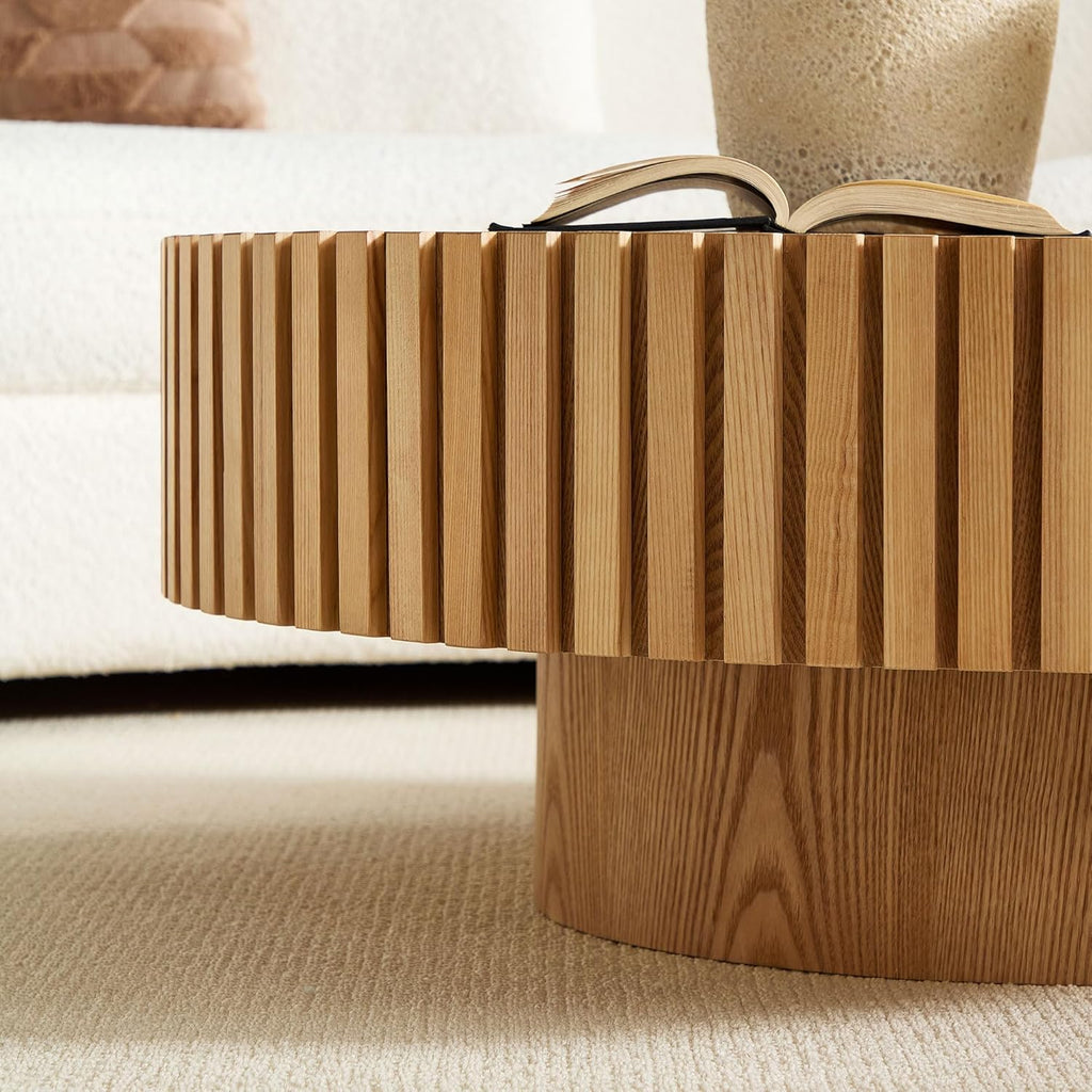 SOFTSEA Wood Coffee Table, 35.43' Round Center Table with Sintered Stone Tabletop for Living Room, Apartment, Ash